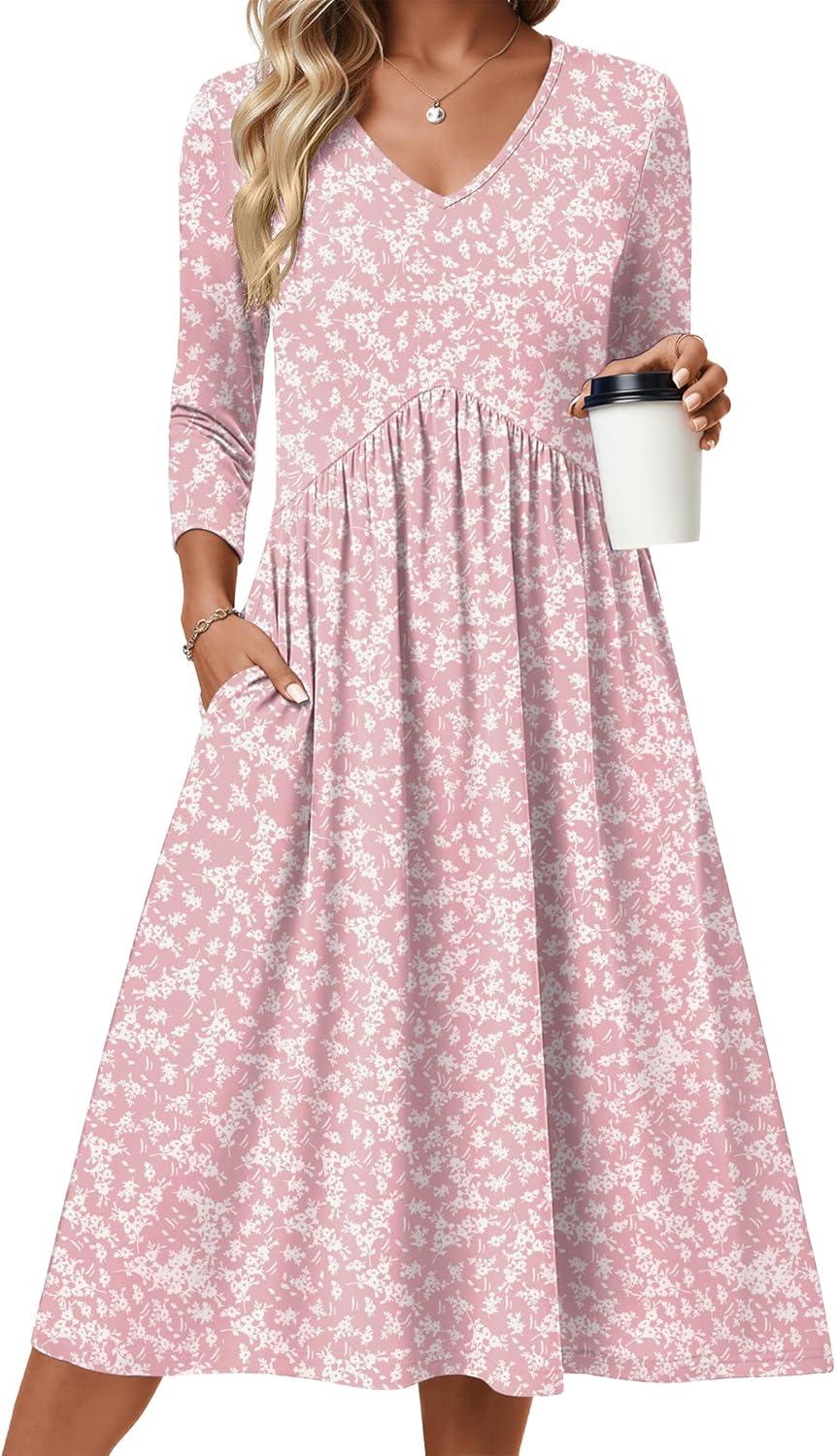imageZeagoo 34 Sleeve Womens Dress Casual Midi Tshirt Dresses with Pockets Empire Waist Summer SemiFormal Boho Beach SundressPink Floral