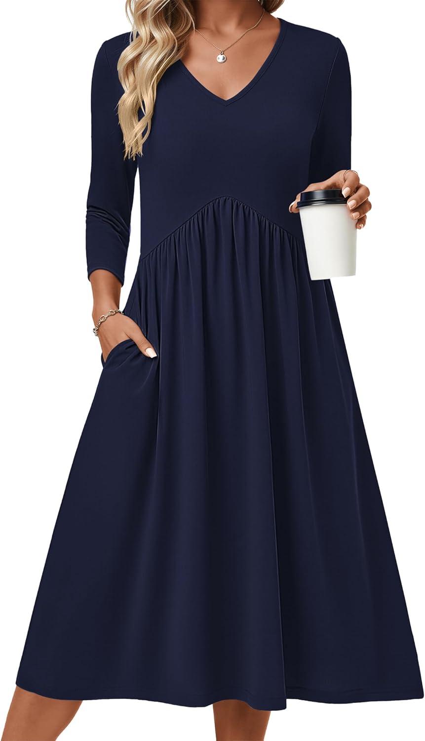 imageZeagoo 34 Sleeve Womens Dress Casual Midi Tshirt Dresses with Pockets Empire Waist Summer SemiFormal Boho Beach SundressSolid Navy