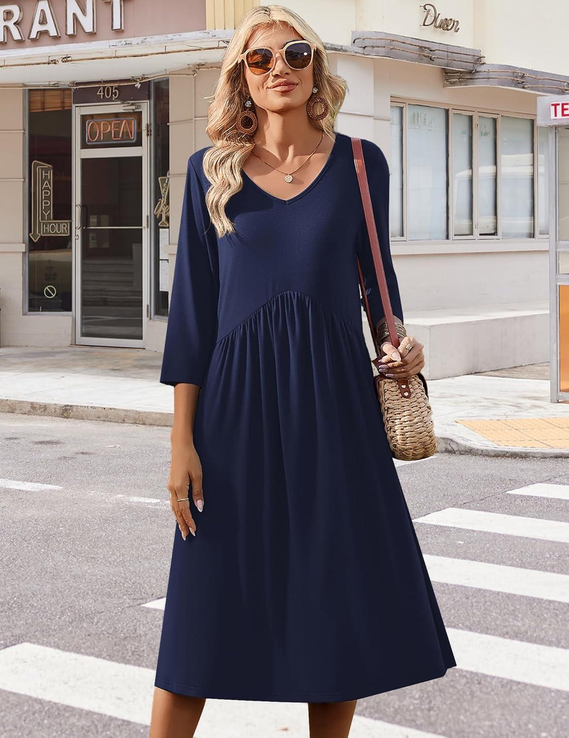 imageZeagoo 34 Sleeve Womens Dress Casual Midi Tshirt Dresses with Pockets Empire Waist Summer SemiFormal Boho Beach SundressSolid Navy