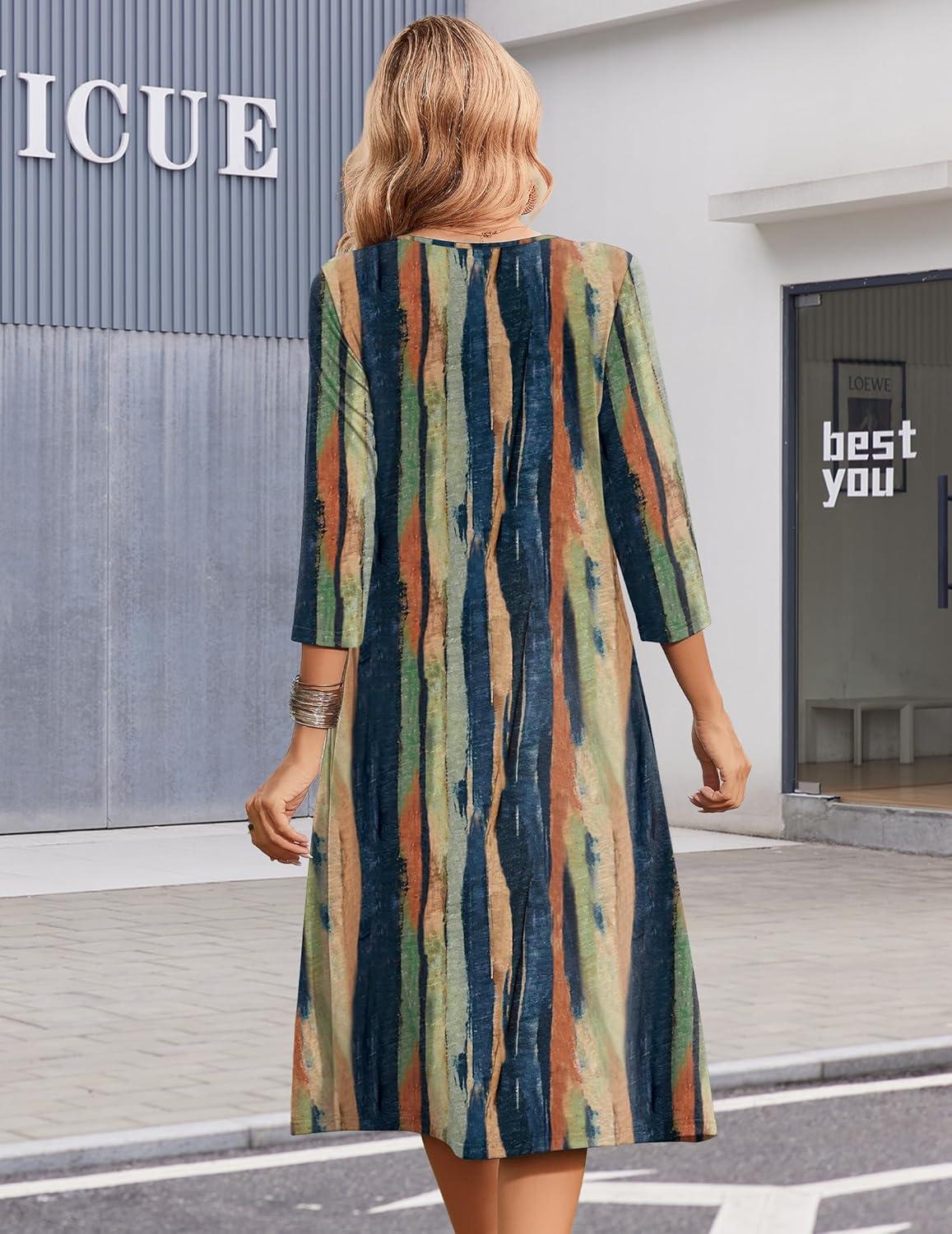 imageZeagoo 34 Sleeve Womens Dress Casual Midi Tshirt Dresses with Pockets Empire Waist Summer SemiFormal Boho Beach SundressTie Dye