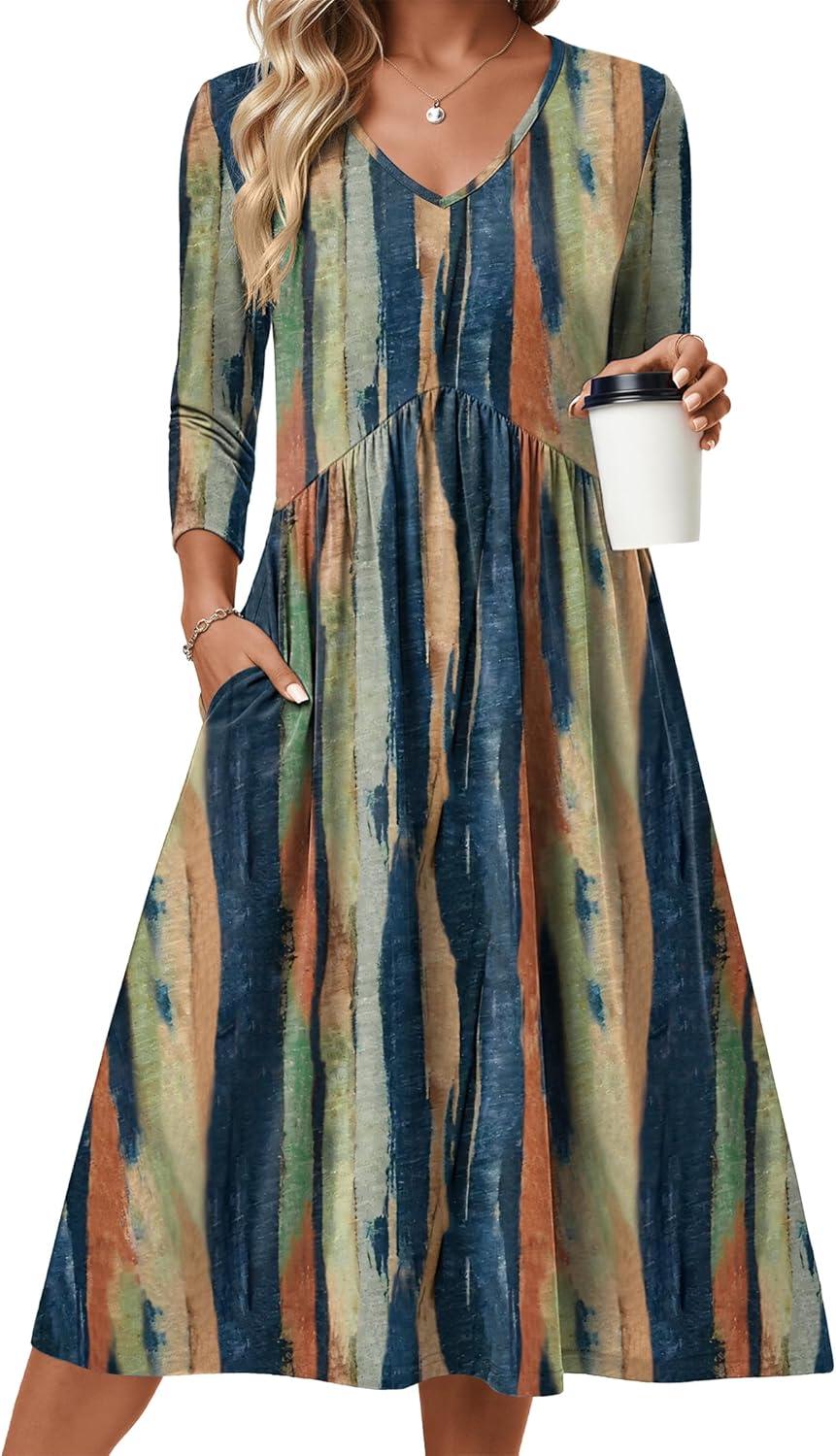 imageZeagoo 34 Sleeve Womens Dress Casual Midi Tshirt Dresses with Pockets Empire Waist Summer SemiFormal Boho Beach SundressTie Dye