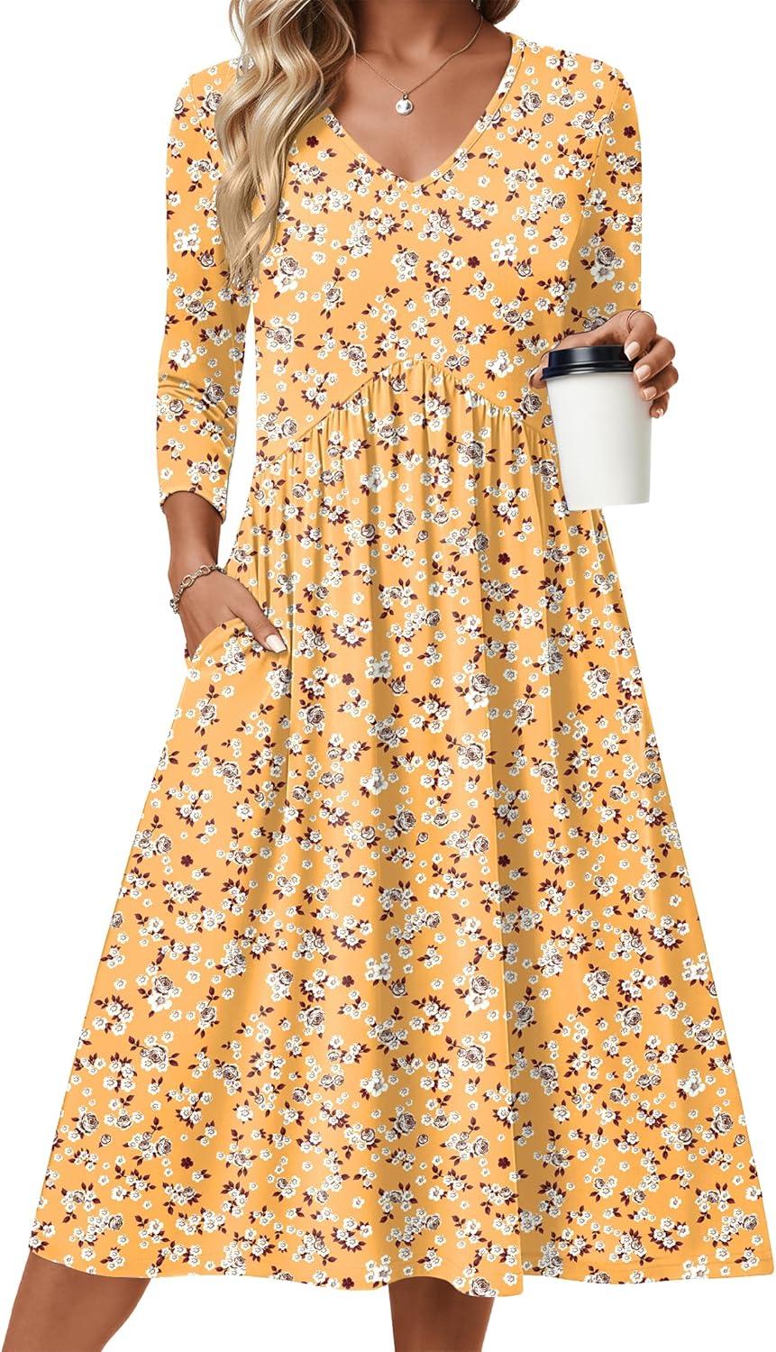 imageZeagoo 34 Sleeve Womens Dress Casual Midi Tshirt Dresses with Pockets Empire Waist Summer SemiFormal Boho Beach SundressYellow Floral