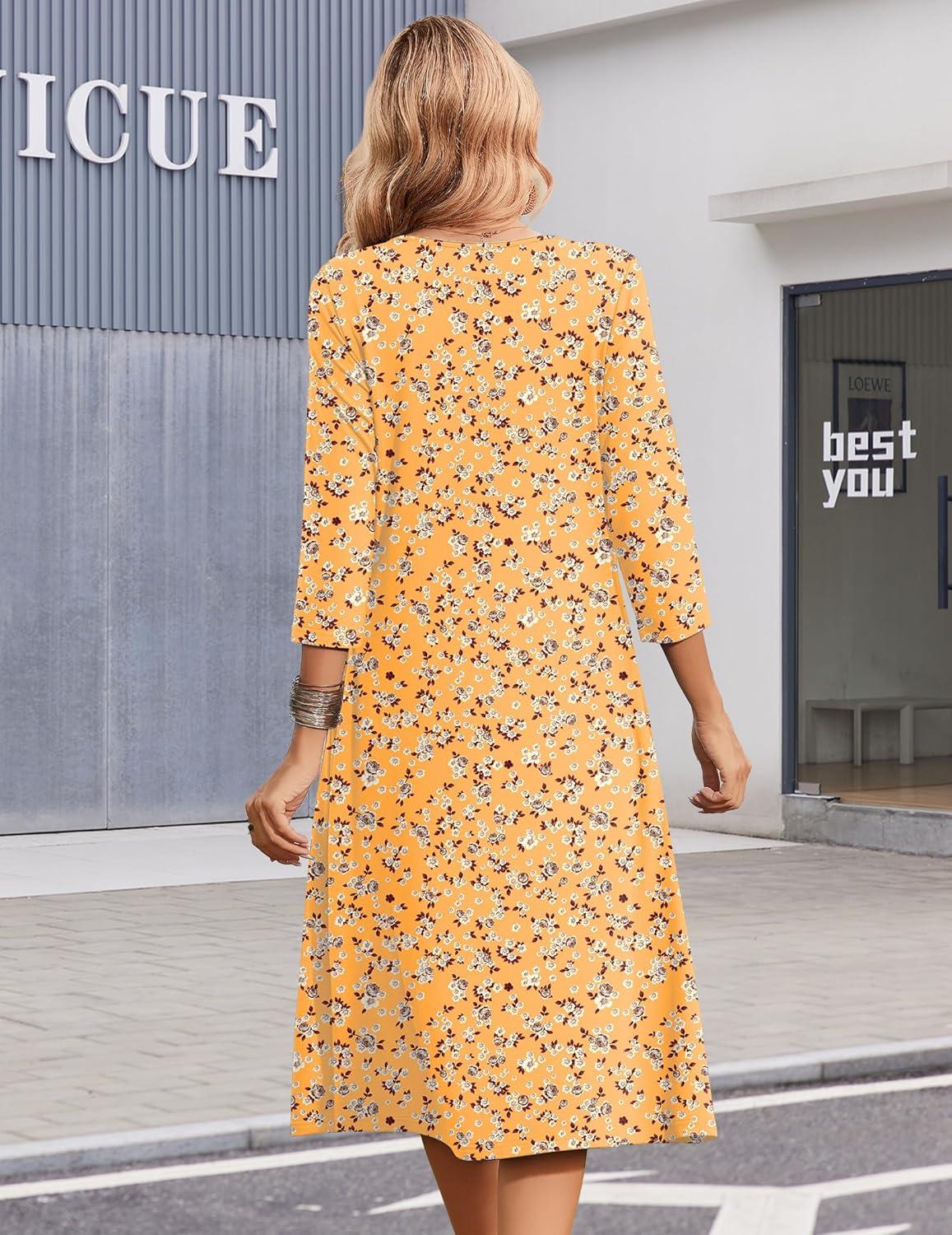 imageZeagoo 34 Sleeve Womens Dress Casual Midi Tshirt Dresses with Pockets Empire Waist Summer SemiFormal Boho Beach SundressYellow Floral