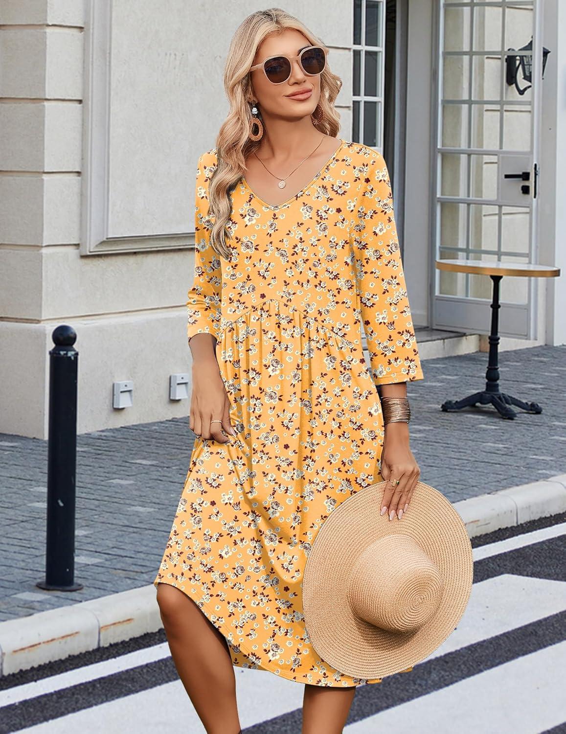 imageZeagoo 34 Sleeve Womens Dress Casual Midi Tshirt Dresses with Pockets Empire Waist Summer SemiFormal Boho Beach SundressYellow Floral