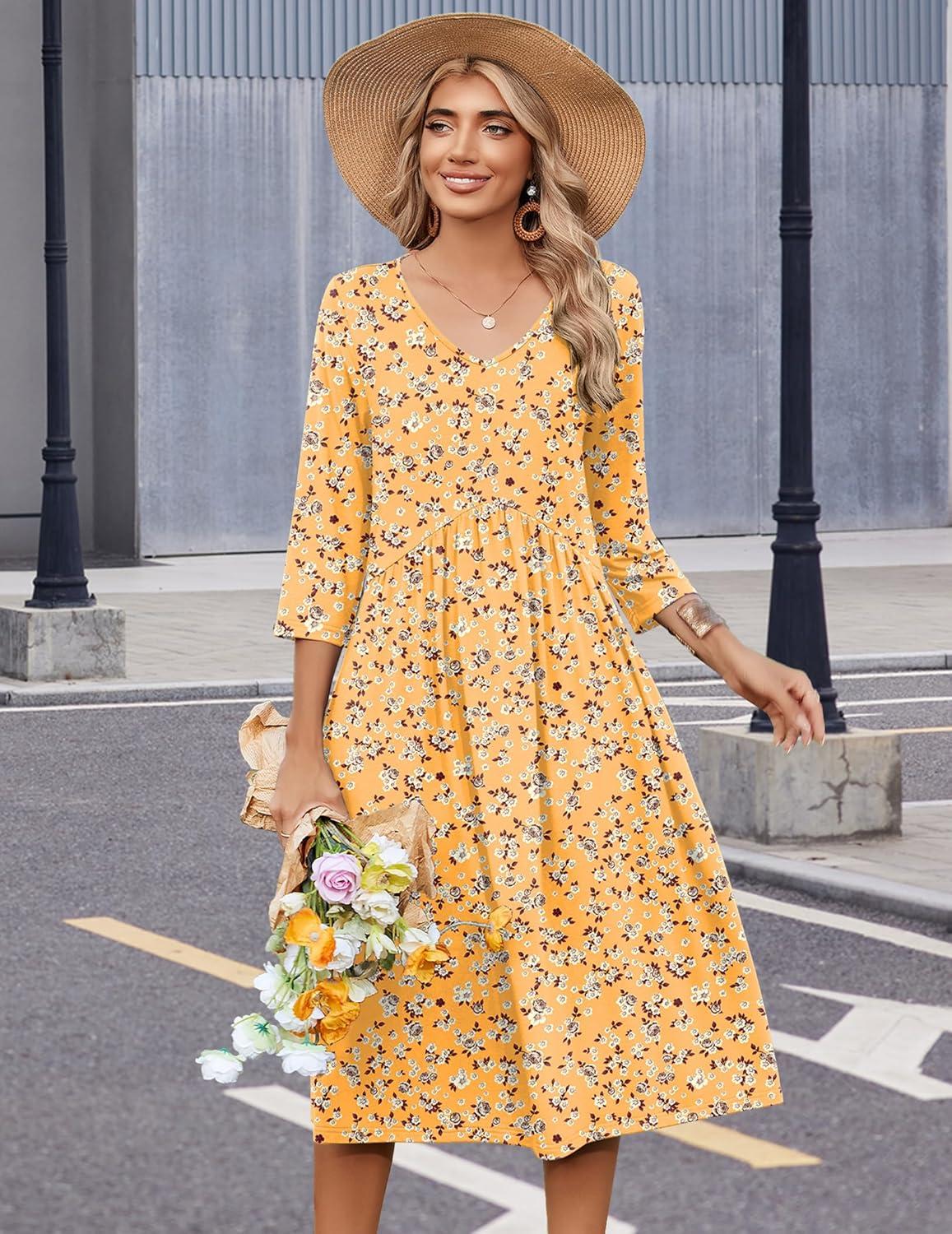 imageZeagoo 34 Sleeve Womens Dress Casual Midi Tshirt Dresses with Pockets Empire Waist Summer SemiFormal Boho Beach SundressYellow Floral