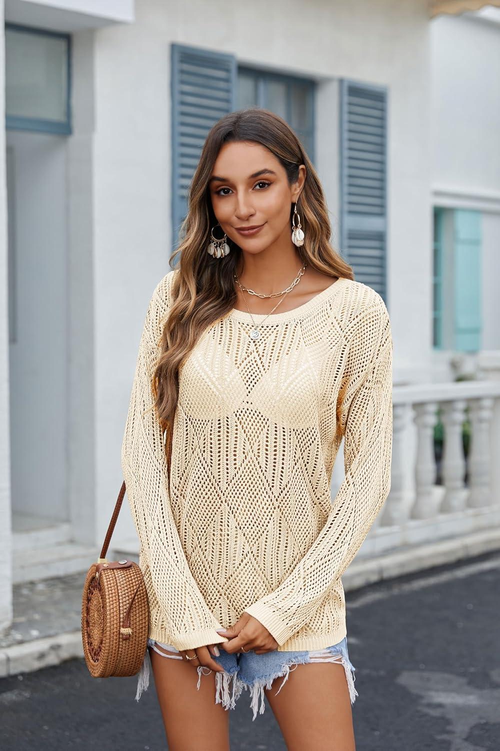 imageZeagoo Crochet Tops for Women Off The Shoulder Sweaters Summer Long Sleeve Hollow Out Knit Beach Clothes SXXLBeige