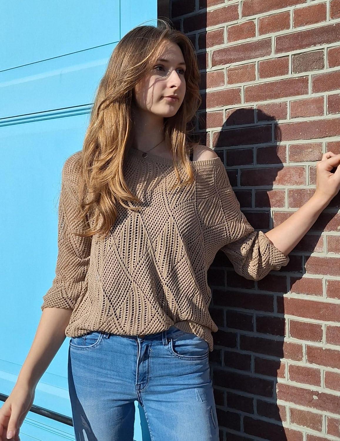 imageZeagoo Crochet Tops for Women Off The Shoulder Sweaters Summer Long Sleeve Hollow Out Knit Beach Clothes SXXLKhaki