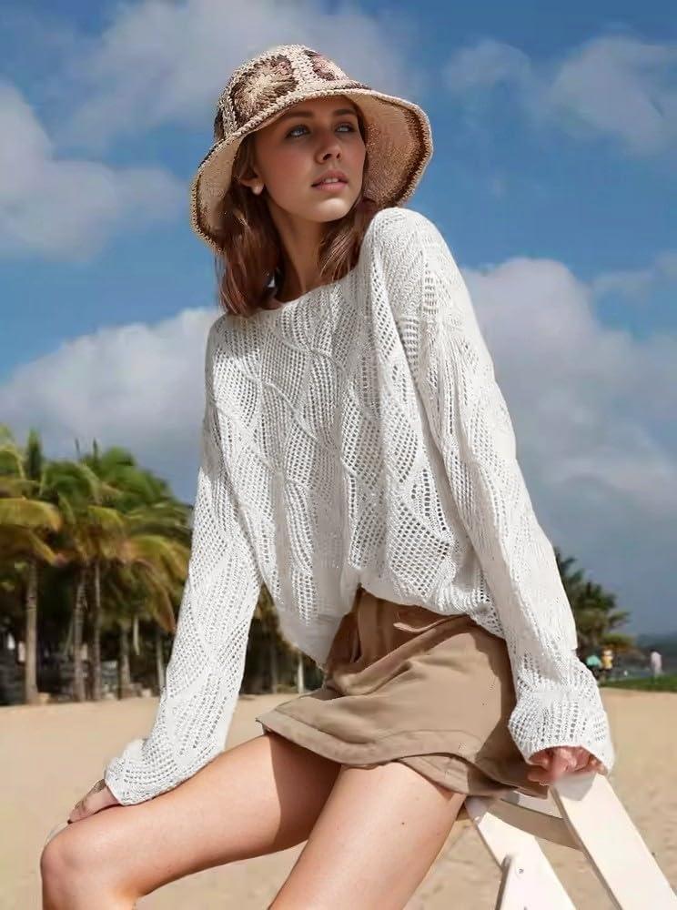imageZeagoo Crochet Tops for Women Off The Shoulder Sweaters Summer Long Sleeve Hollow Out Knit Beach Clothes SXXLWhite