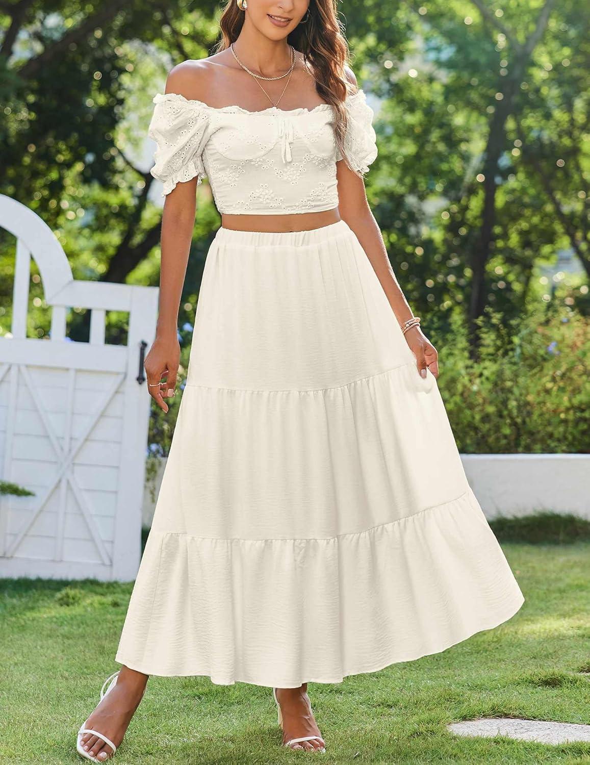 imageZeagoo Skirts for Women Summer Boho Casual Maxi Flowy Elastic High Waist ALine Tiered Swing Floral Long Skirts with PocketsBeige