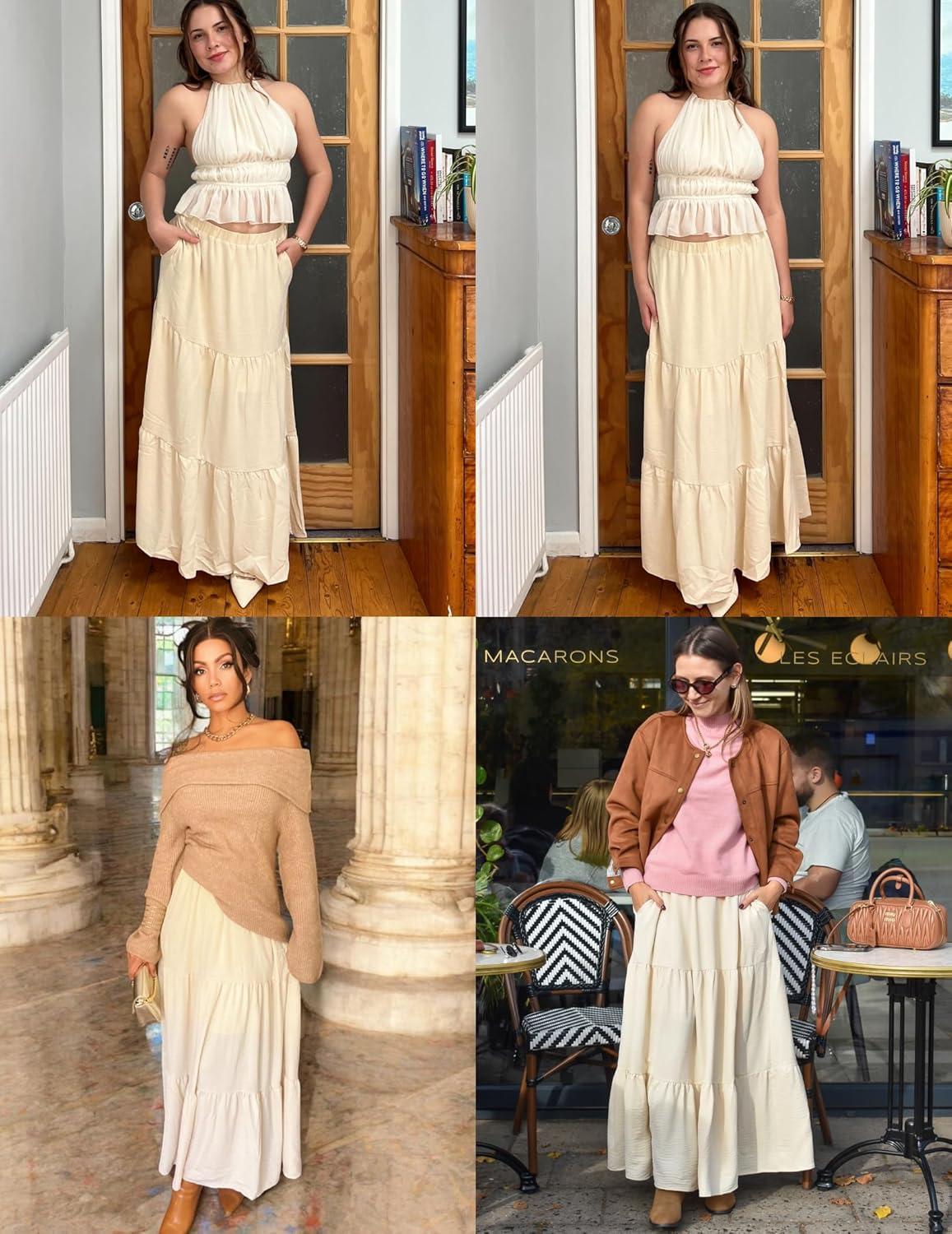 imageZeagoo Skirts for Women Summer Boho Casual Maxi Flowy Elastic High Waist ALine Tiered Swing Floral Long Skirts with PocketsBeige