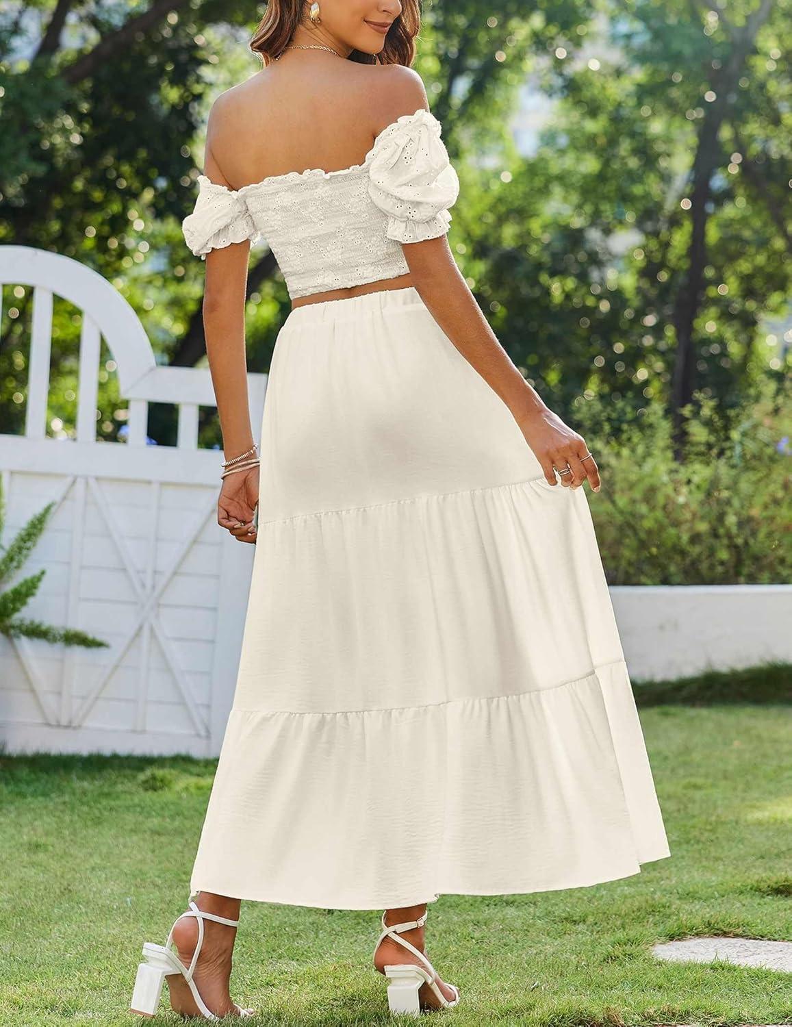 imageZeagoo Skirts for Women Summer Boho Casual Maxi Flowy Elastic High Waist ALine Tiered Swing Floral Long Skirts with PocketsBeige