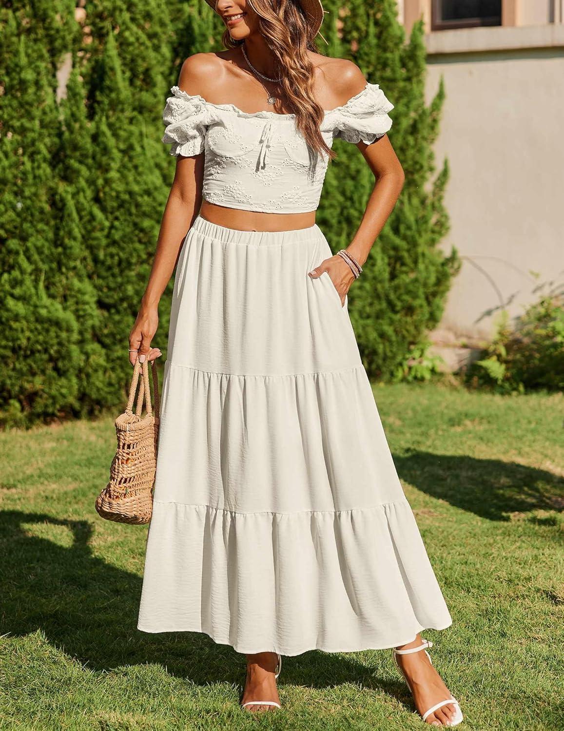 imageZeagoo Skirts for Women Summer Boho Casual Maxi Flowy Elastic High Waist ALine Tiered Swing Floral Long Skirts with PocketsBeige