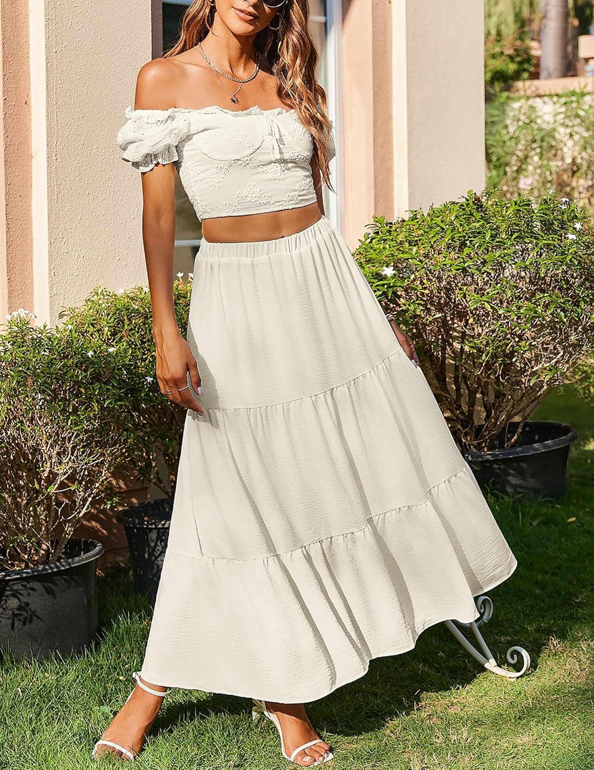 imageZeagoo Skirts for Women Summer Boho Casual Maxi Flowy Elastic High Waist ALine Tiered Swing Floral Long Skirts with PocketsBeige