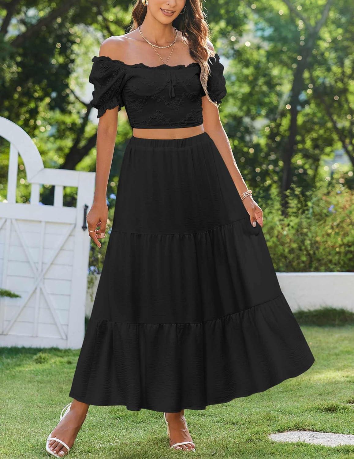 imageZeagoo Skirts for Women Summer Boho Casual Maxi Flowy Elastic High Waist ALine Tiered Swing Floral Long Skirts with PocketsBlack