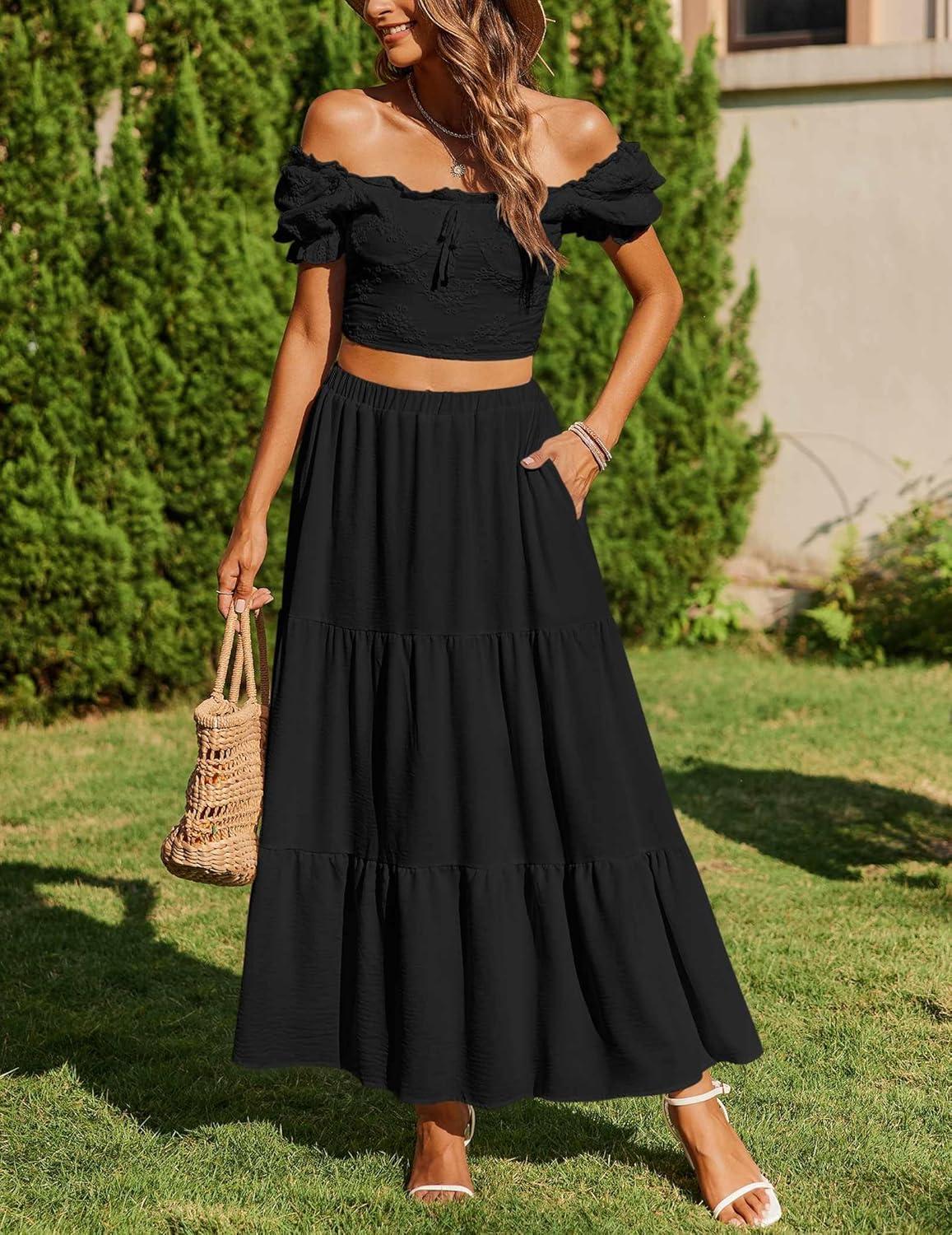 imageZeagoo Skirts for Women Summer Boho Casual Maxi Flowy Elastic High Waist ALine Tiered Swing Floral Long Skirts with PocketsBlack