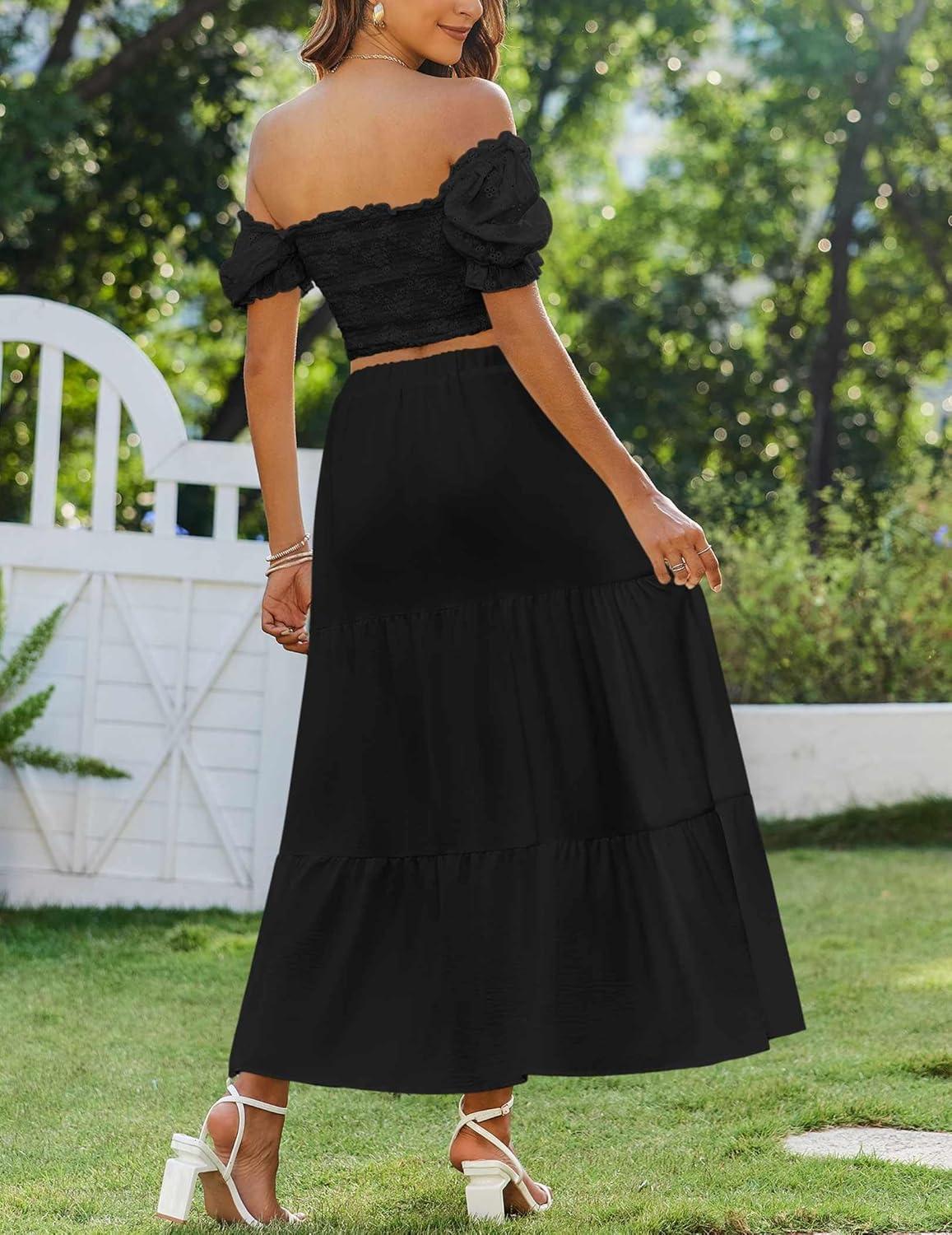 imageZeagoo Skirts for Women Summer Boho Casual Maxi Flowy Elastic High Waist ALine Tiered Swing Floral Long Skirts with PocketsBlack