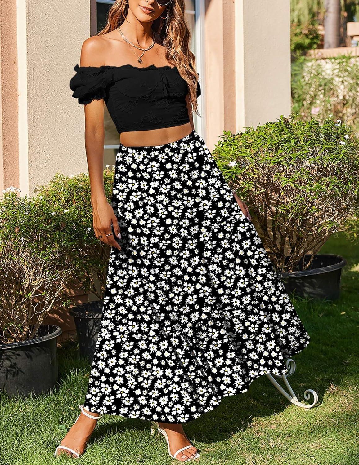 imageZeagoo Skirts for Women Summer Boho Casual Maxi Flowy Elastic High Waist ALine Tiered Swing Floral Long Skirts with PocketsBlack Floral 01