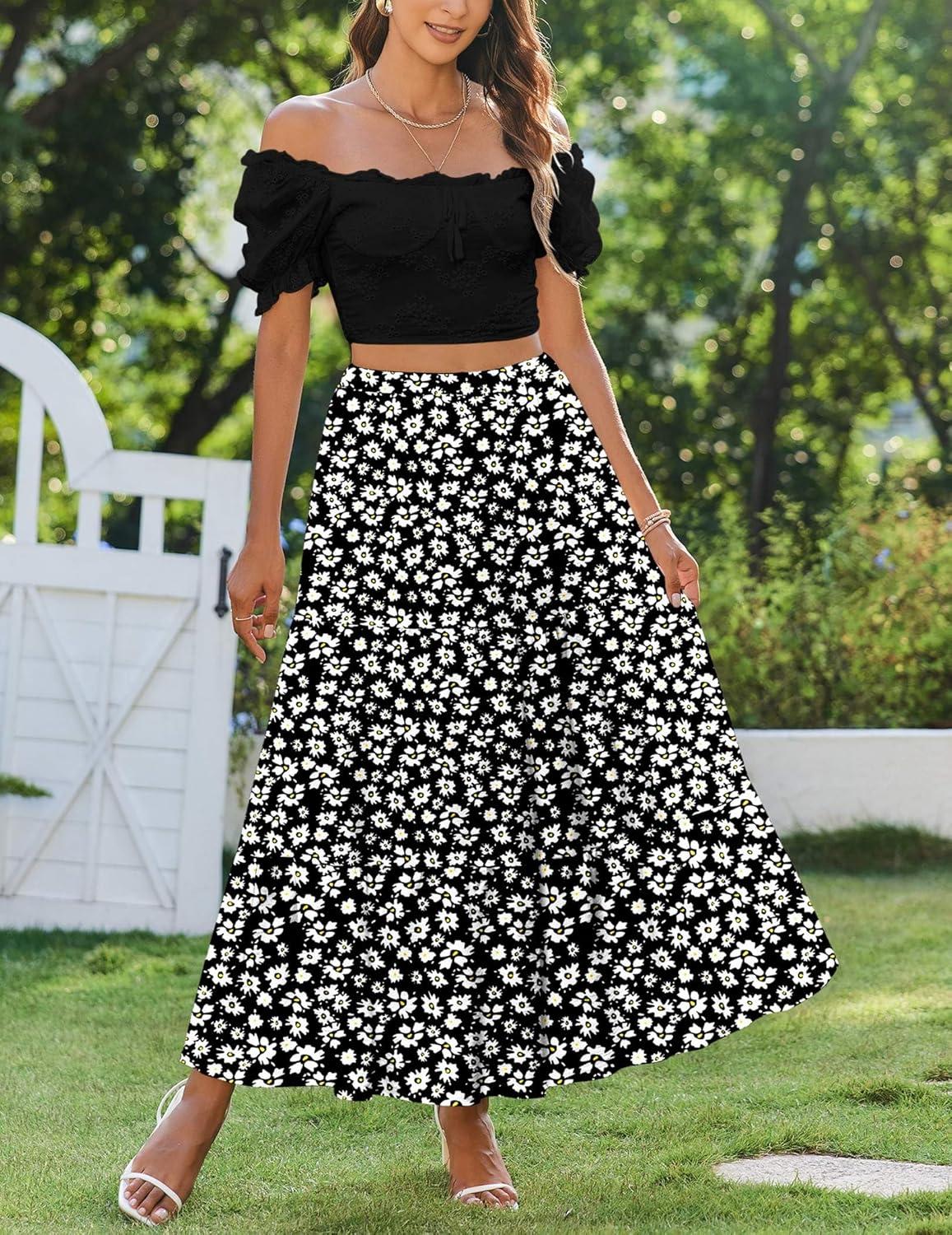 imageZeagoo Skirts for Women Summer Boho Casual Maxi Flowy Elastic High Waist ALine Tiered Swing Floral Long Skirts with PocketsBlack Floral 01