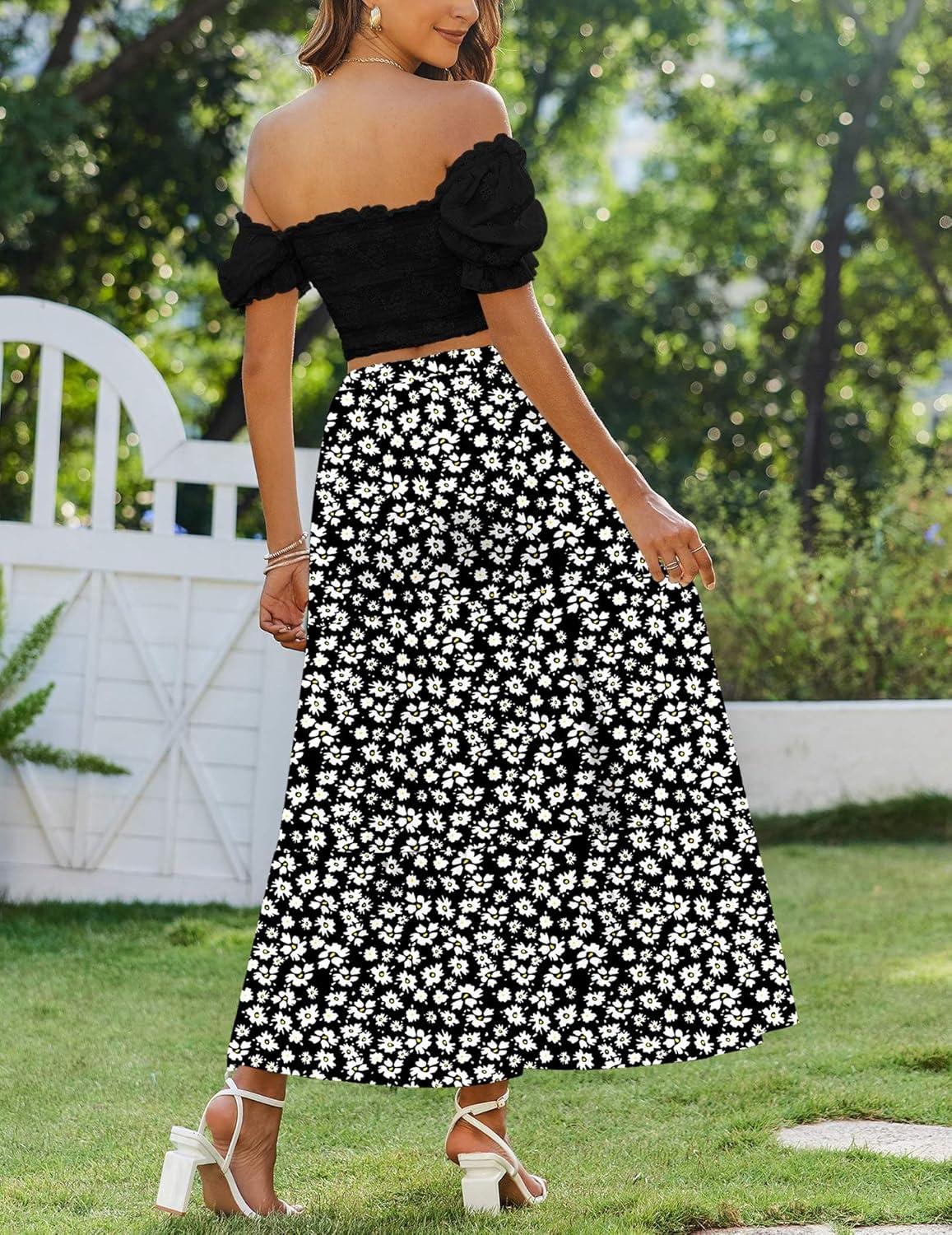 imageZeagoo Skirts for Women Summer Boho Casual Maxi Flowy Elastic High Waist ALine Tiered Swing Floral Long Skirts with PocketsBlack Floral 01