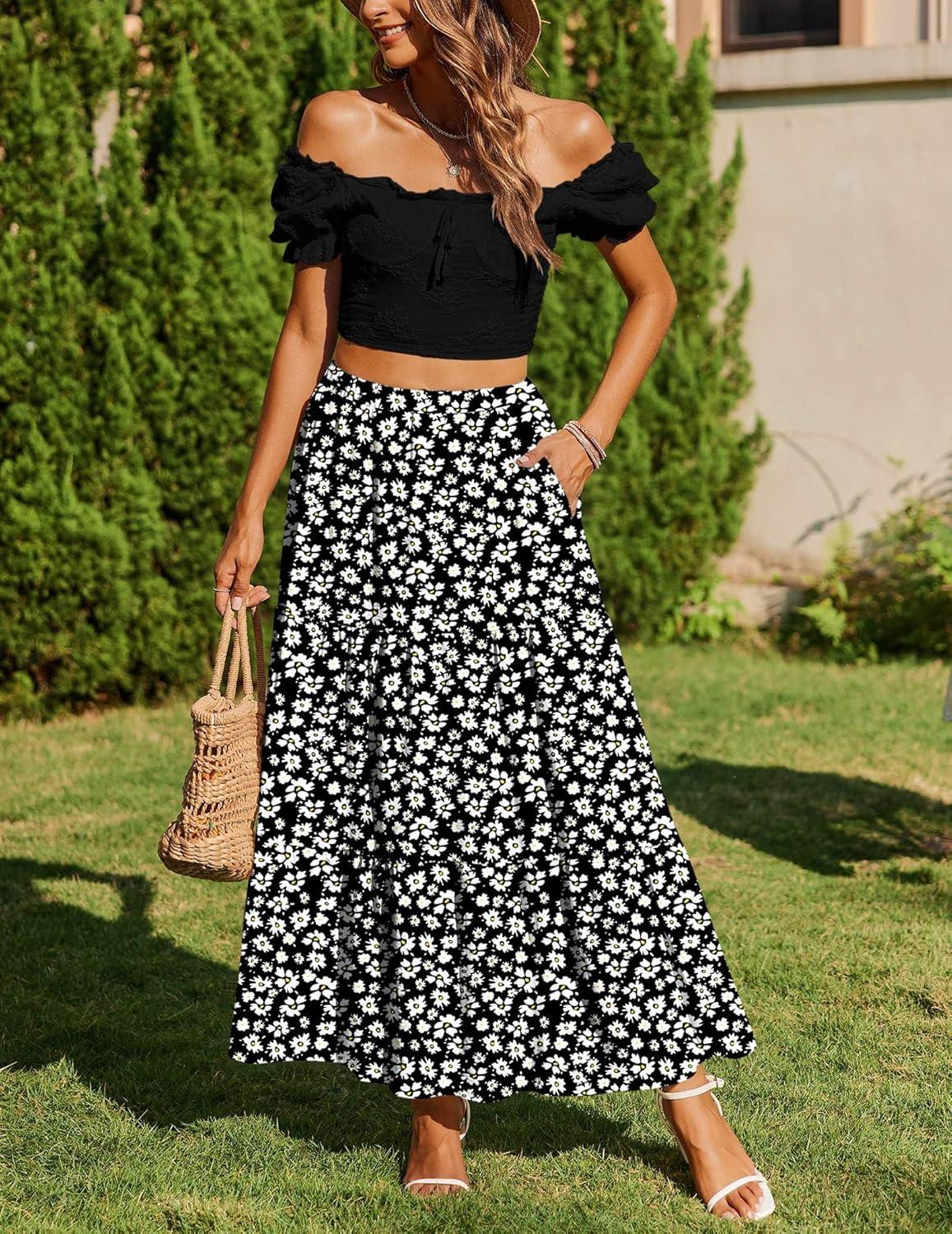 imageZeagoo Skirts for Women Summer Boho Casual Maxi Flowy Elastic High Waist ALine Tiered Swing Floral Long Skirts with PocketsBlack Floral 01