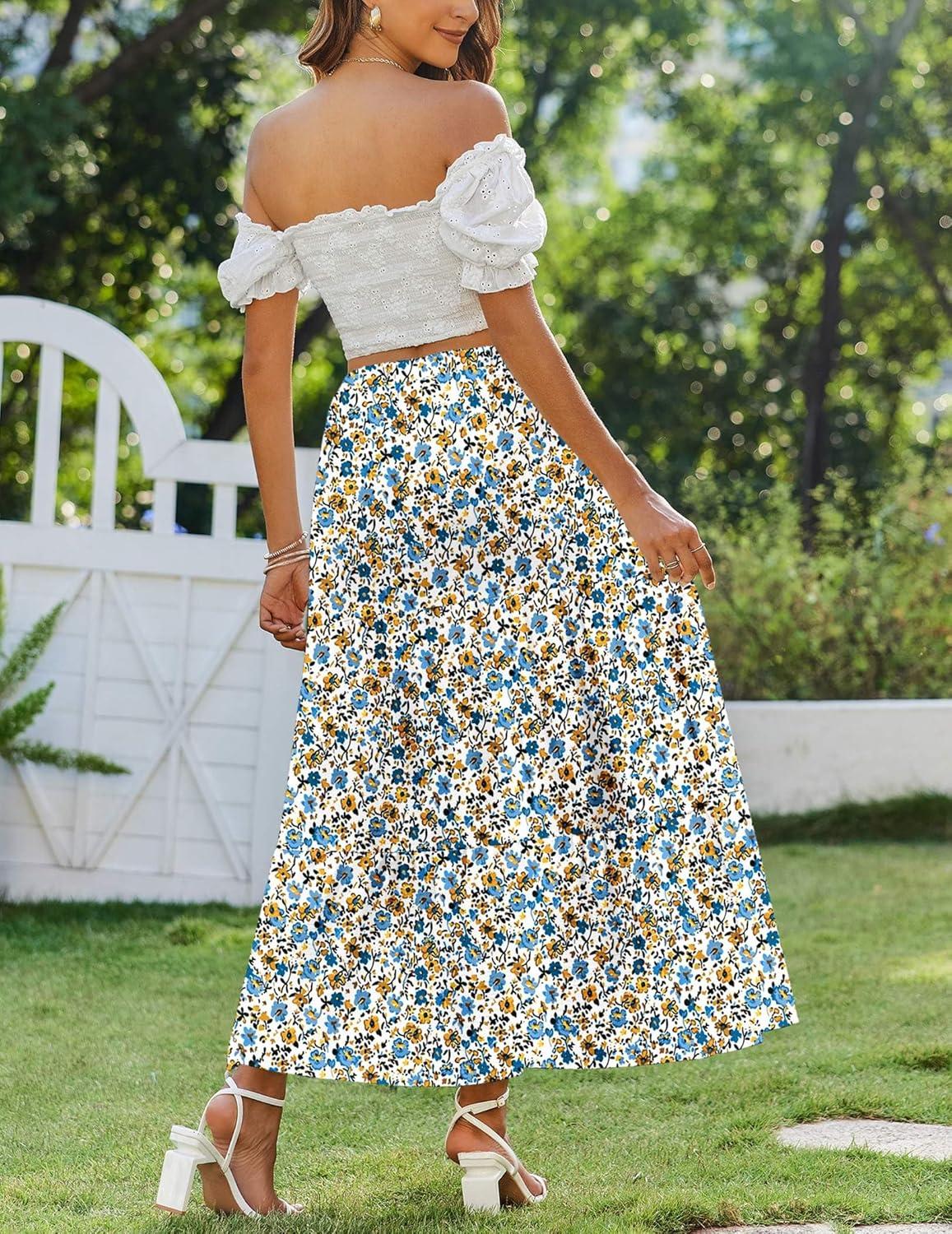 imageZeagoo Skirts for Women Summer Boho Casual Maxi Flowy Elastic High Waist ALine Tiered Swing Floral Long Skirts with PocketsBlue Yellow Floral