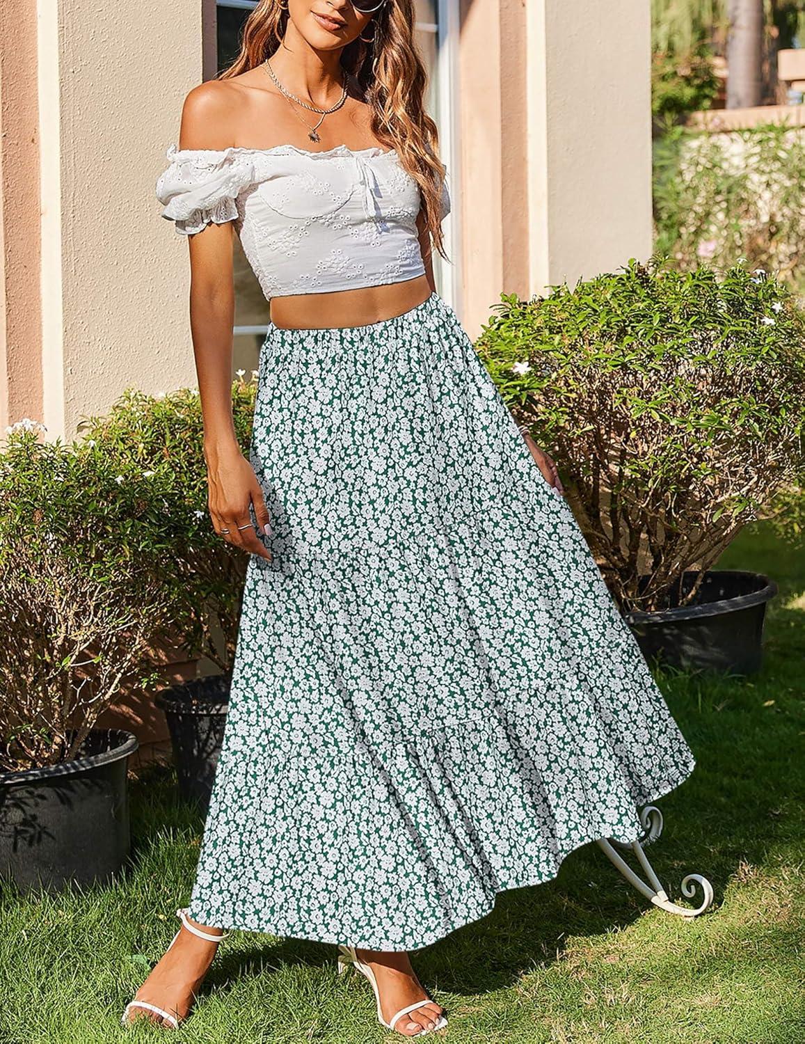 imageZeagoo Skirts for Women Summer Boho Casual Maxi Flowy Elastic High Waist ALine Tiered Swing Floral Long Skirts with PocketsGreen