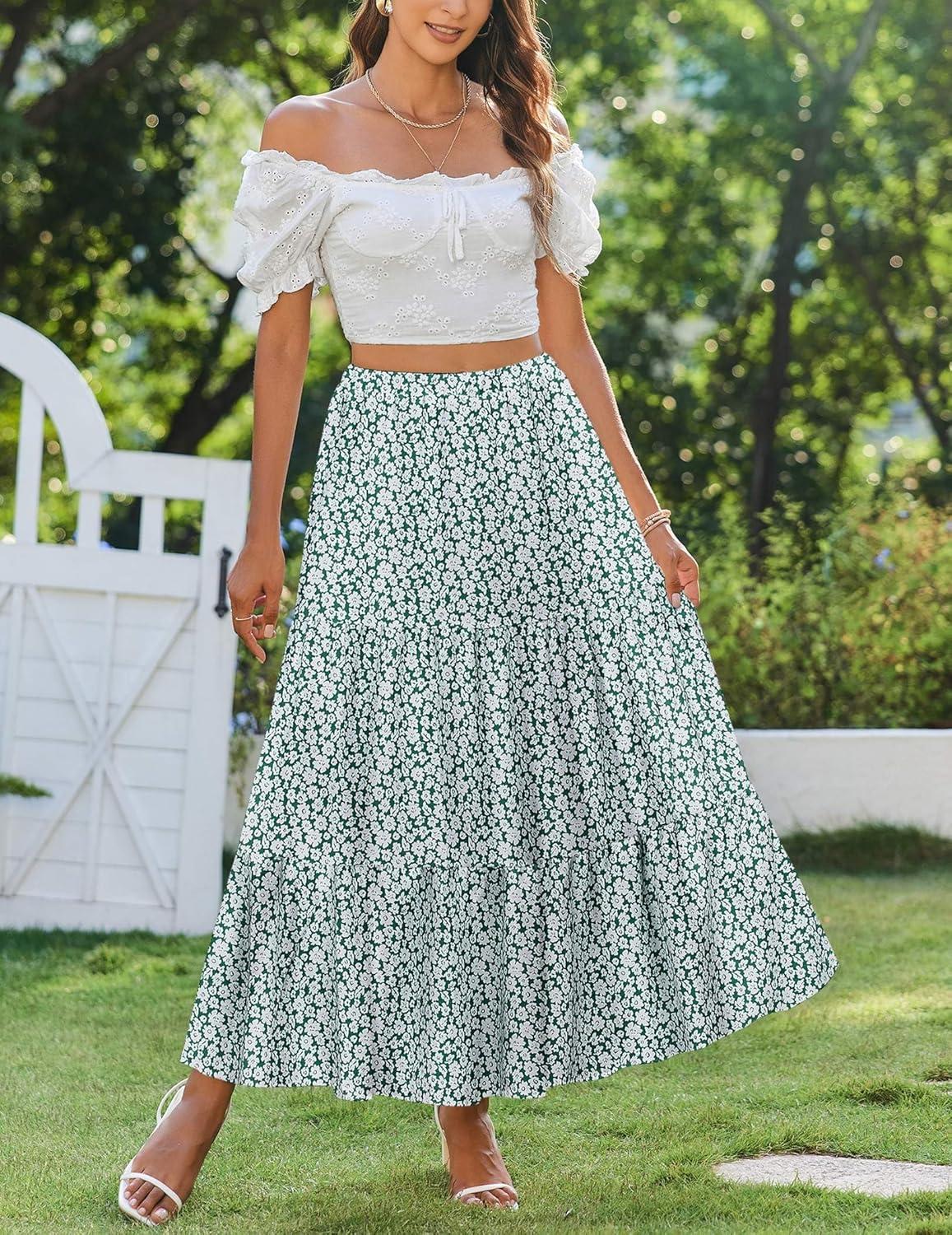 imageZeagoo Skirts for Women Summer Boho Casual Maxi Flowy Elastic High Waist ALine Tiered Swing Floral Long Skirts with PocketsGreen