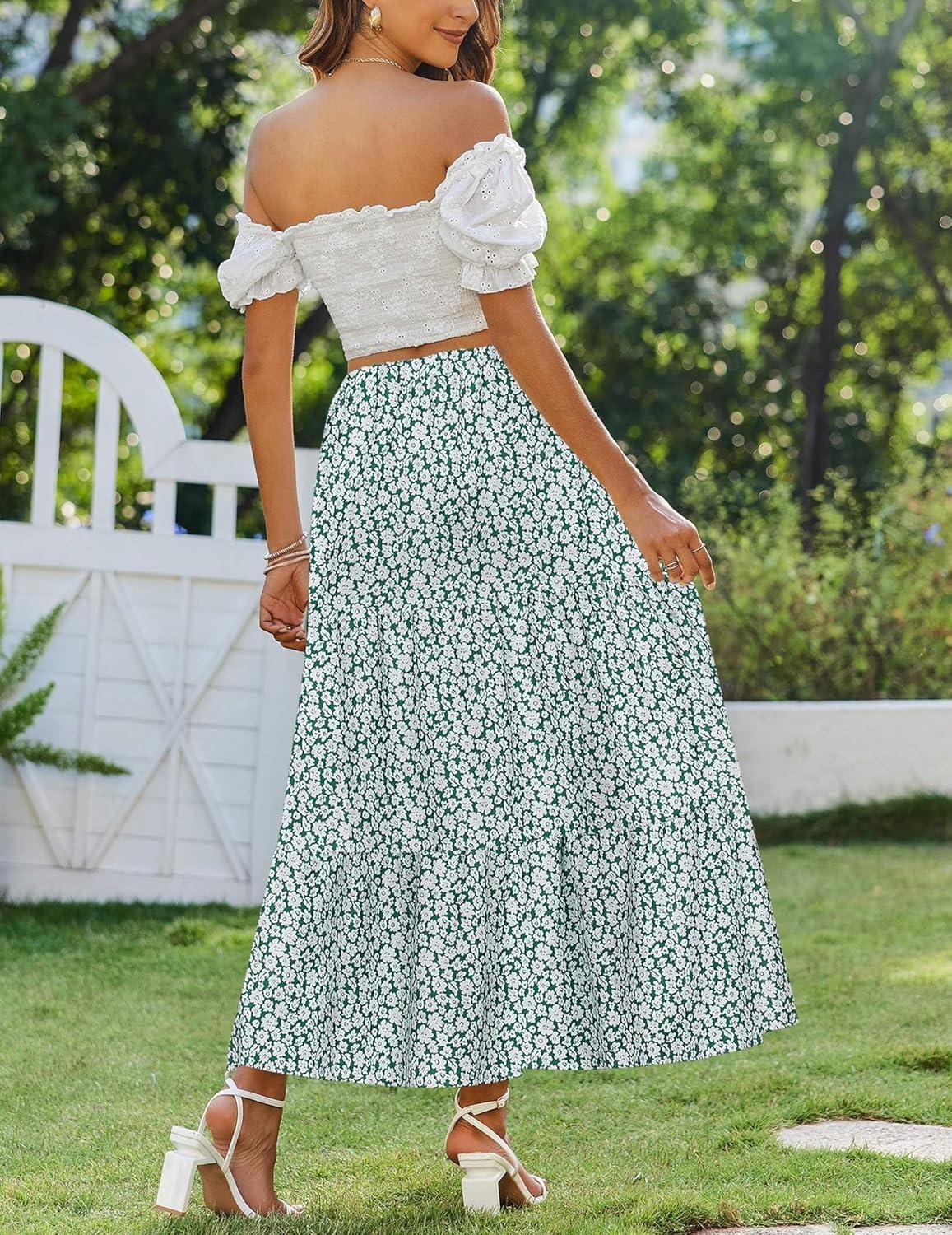 imageZeagoo Skirts for Women Summer Boho Casual Maxi Flowy Elastic High Waist ALine Tiered Swing Floral Long Skirts with PocketsGreen