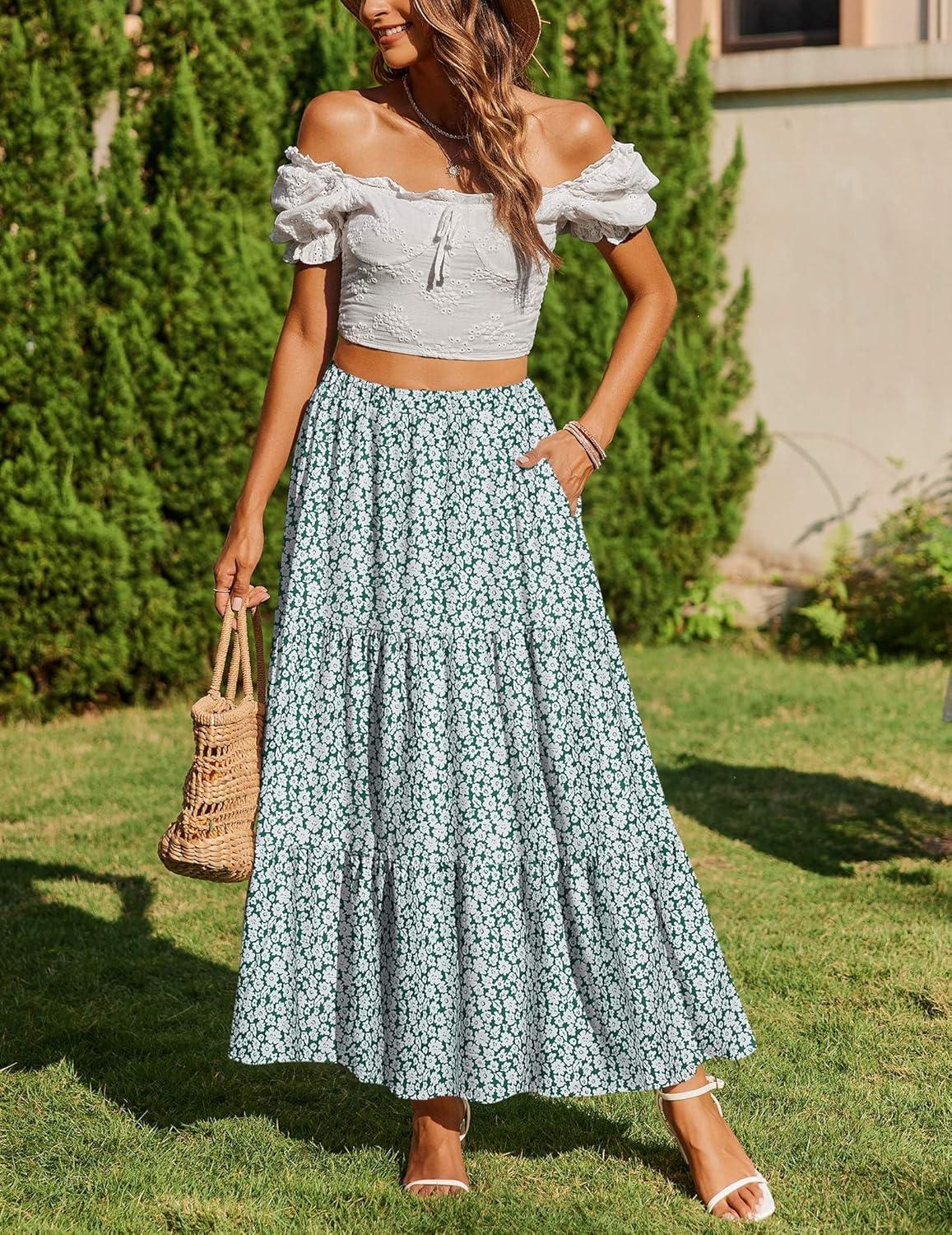 imageZeagoo Skirts for Women Summer Boho Casual Maxi Flowy Elastic High Waist ALine Tiered Swing Floral Long Skirts with PocketsGreen