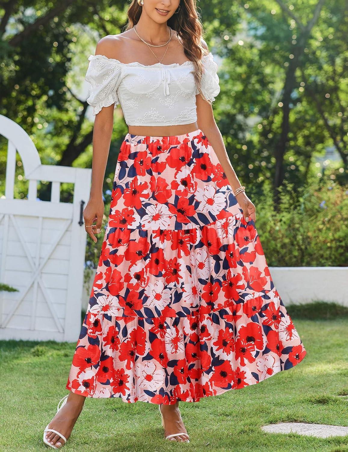 imageZeagoo Skirts for Women Summer Boho Casual Maxi Flowy Elastic High Waist ALine Tiered Swing Floral Long Skirts with PocketsRed Floral