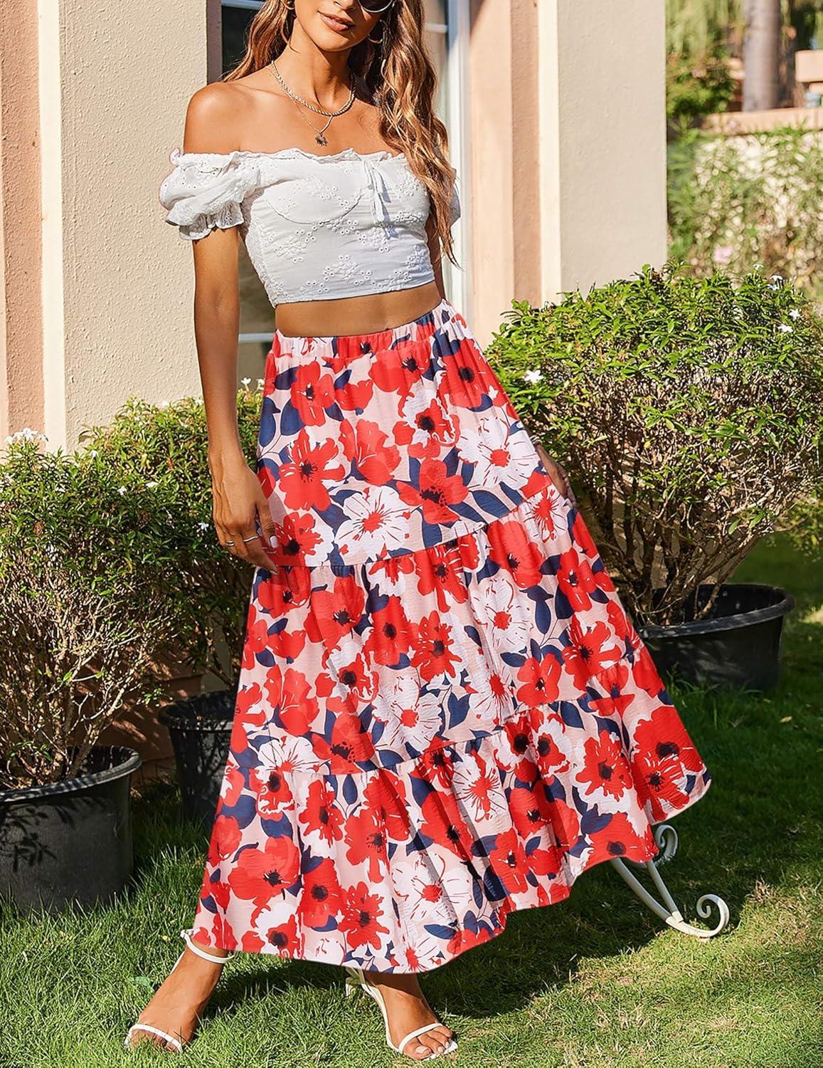 imageZeagoo Skirts for Women Summer Boho Casual Maxi Flowy Elastic High Waist ALine Tiered Swing Floral Long Skirts with PocketsRed Floral