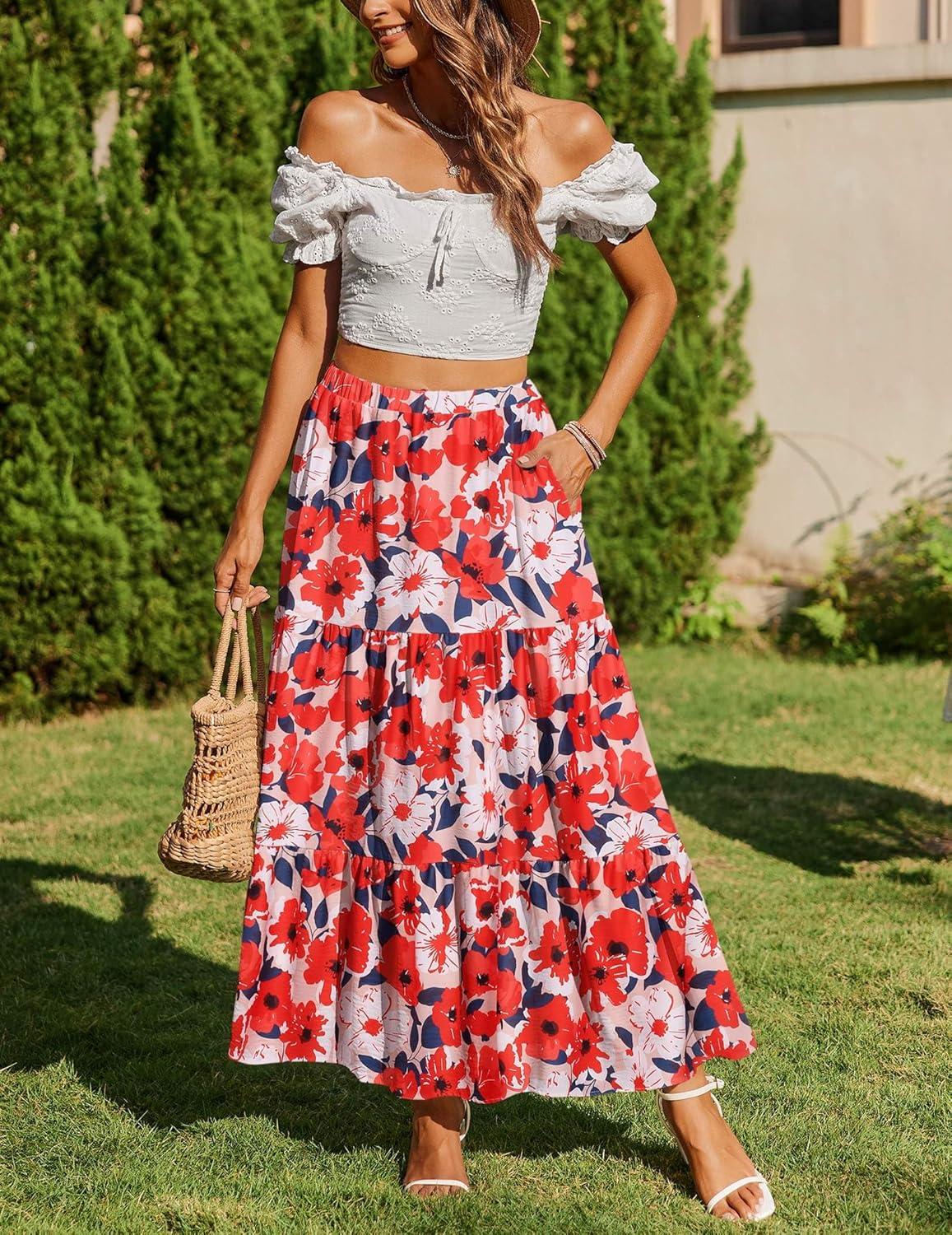 imageZeagoo Skirts for Women Summer Boho Casual Maxi Flowy Elastic High Waist ALine Tiered Swing Floral Long Skirts with PocketsRed Floral
