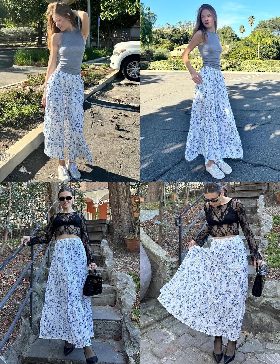 imageZeagoo Skirts for Women Summer Boho Casual Maxi Flowy Elastic High Waist ALine Tiered Swing Floral Long Skirts with PocketsWhite Blue Floral