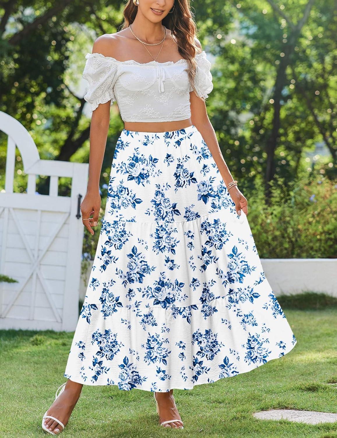 imageZeagoo Skirts for Women Summer Boho Casual Maxi Flowy Elastic High Waist ALine Tiered Swing Floral Long Skirts with PocketsWhite Blue Floral