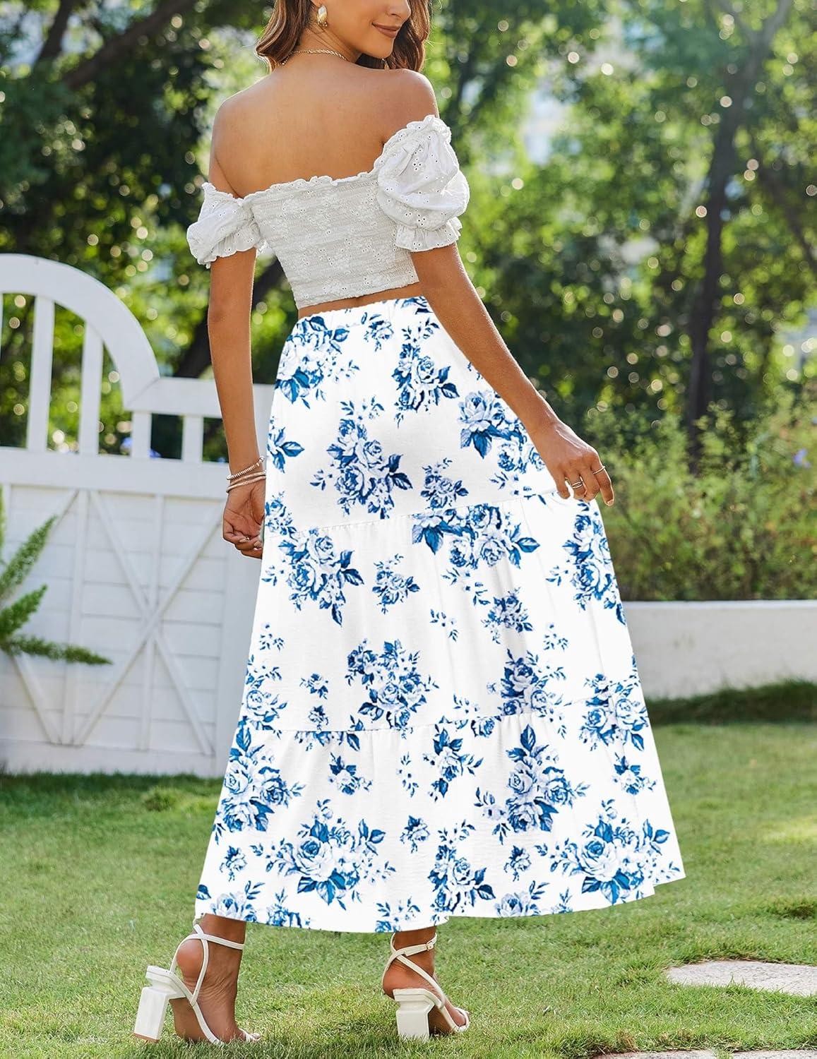 imageZeagoo Skirts for Women Summer Boho Casual Maxi Flowy Elastic High Waist ALine Tiered Swing Floral Long Skirts with PocketsWhite Blue Floral