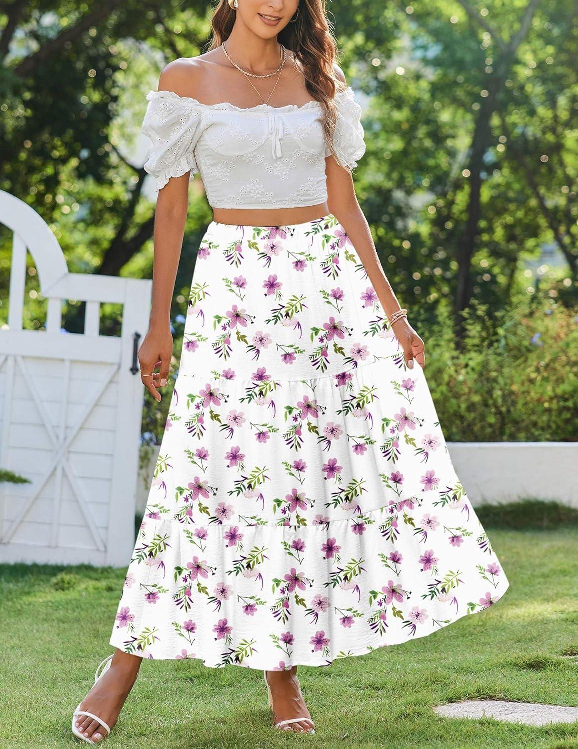 imageZeagoo Skirts for Women Summer Boho Casual Maxi Flowy Elastic High Waist ALine Tiered Swing Floral Long Skirts with PocketsWhite Floral