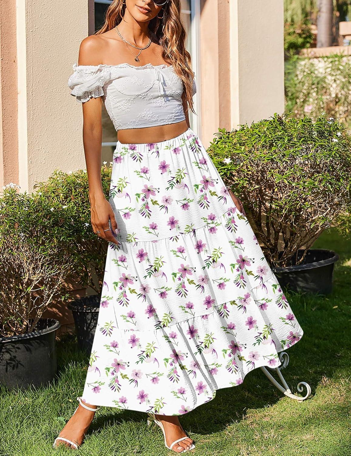 imageZeagoo Skirts for Women Summer Boho Casual Maxi Flowy Elastic High Waist ALine Tiered Swing Floral Long Skirts with PocketsWhite Floral