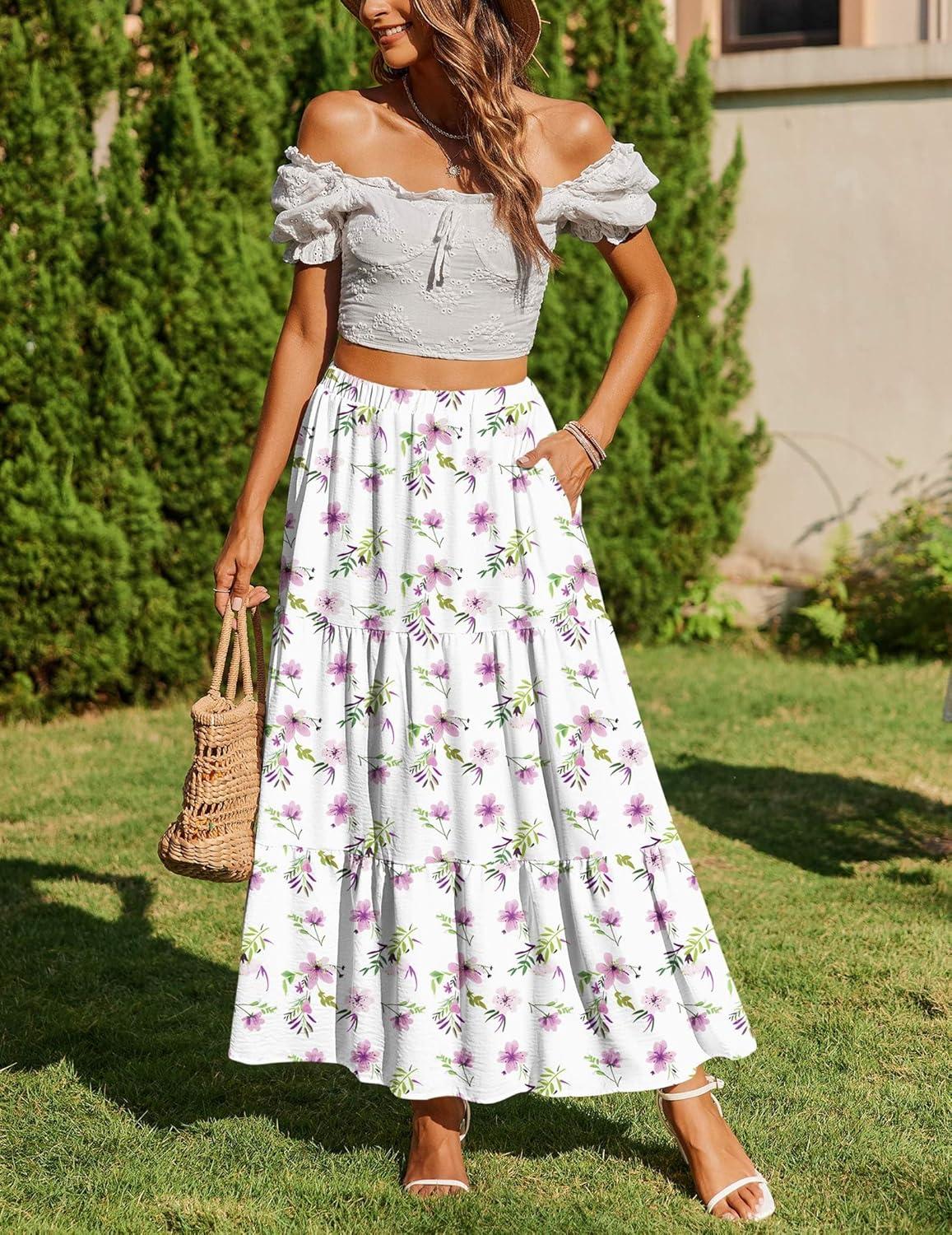 imageZeagoo Skirts for Women Summer Boho Casual Maxi Flowy Elastic High Waist ALine Tiered Swing Floral Long Skirts with PocketsWhite Floral