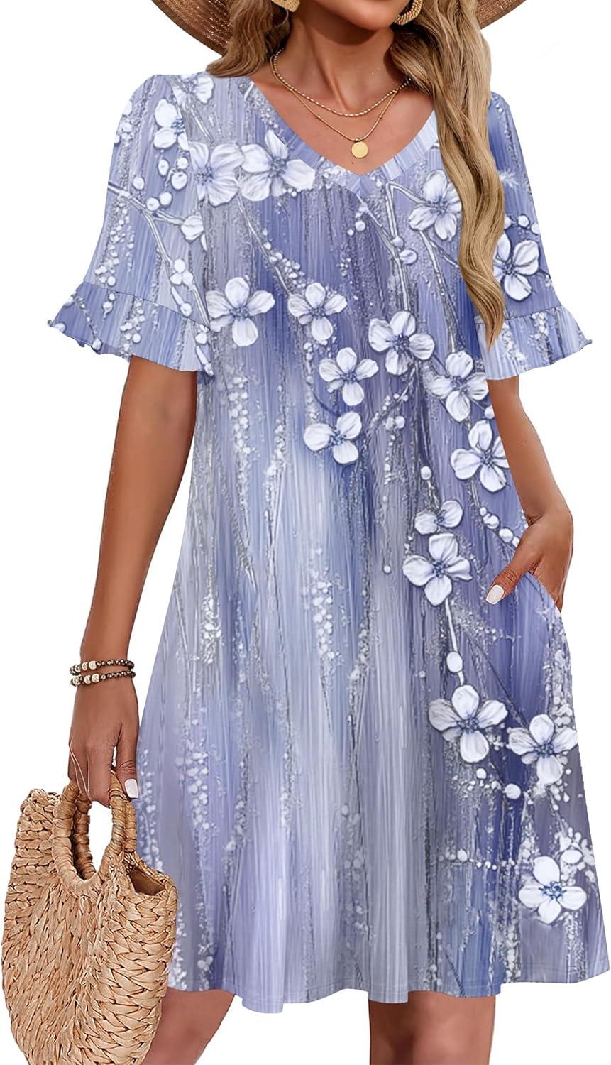 imageZeagoo Summer Casual Dresses for Women A Line Sun Dress Ruffle Short Sleeve V Neck Floral Tshirt Dress with PocketsGrey Floralprinted