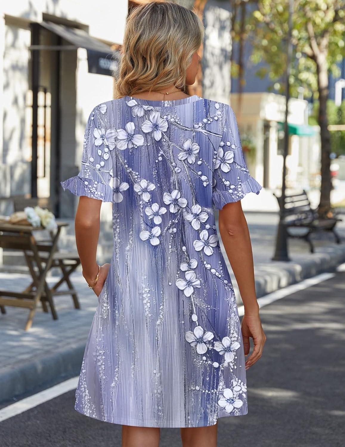 imageZeagoo Summer Casual Dresses for Women A Line Sun Dress Ruffle Short Sleeve V Neck Floral Tshirt Dress with PocketsGrey Floralprinted