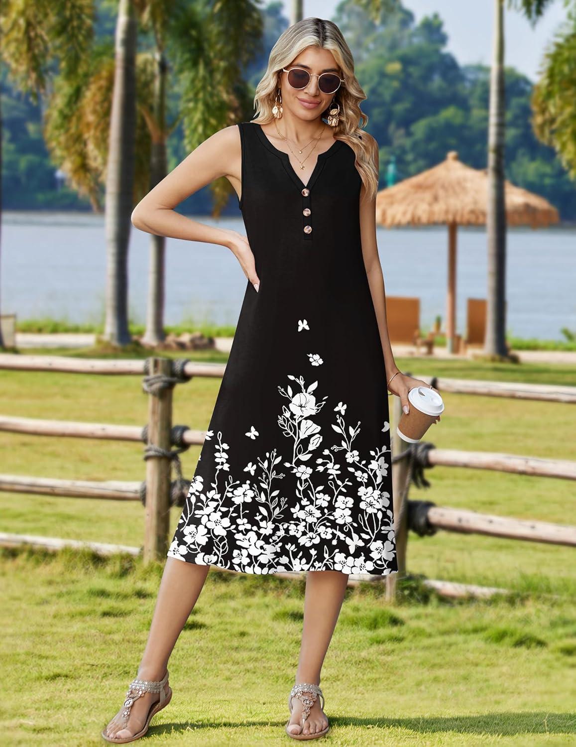 imageZeagoo Summer Dress for Women 2026 Sleeveless Tank Midi Dress Vacation Beach Sundress Aline Boho ClothingBlack Floral