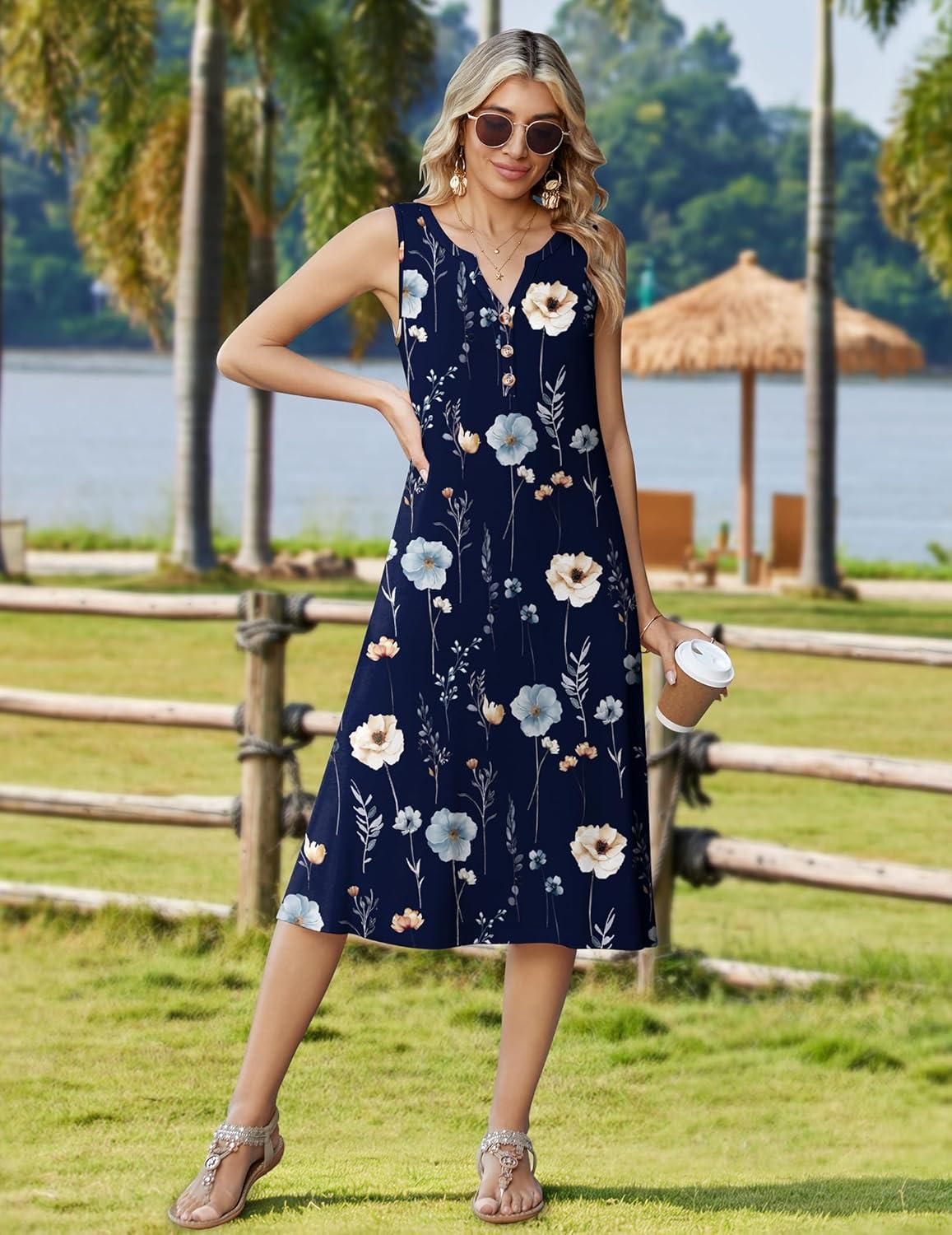 imageZeagoo Summer Dress for Women 2026 Sleeveless Tank Midi Dress Vacation Beach Sundress Aline Boho ClothingBlue Floral