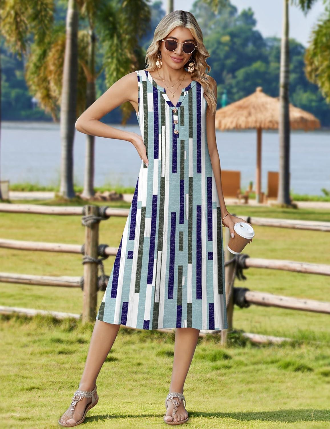 imageZeagoo Summer Dress for Women 2026 Sleeveless Tank Midi Dress Vacation Beach Sundress Aline Boho ClothingBlue Geometry