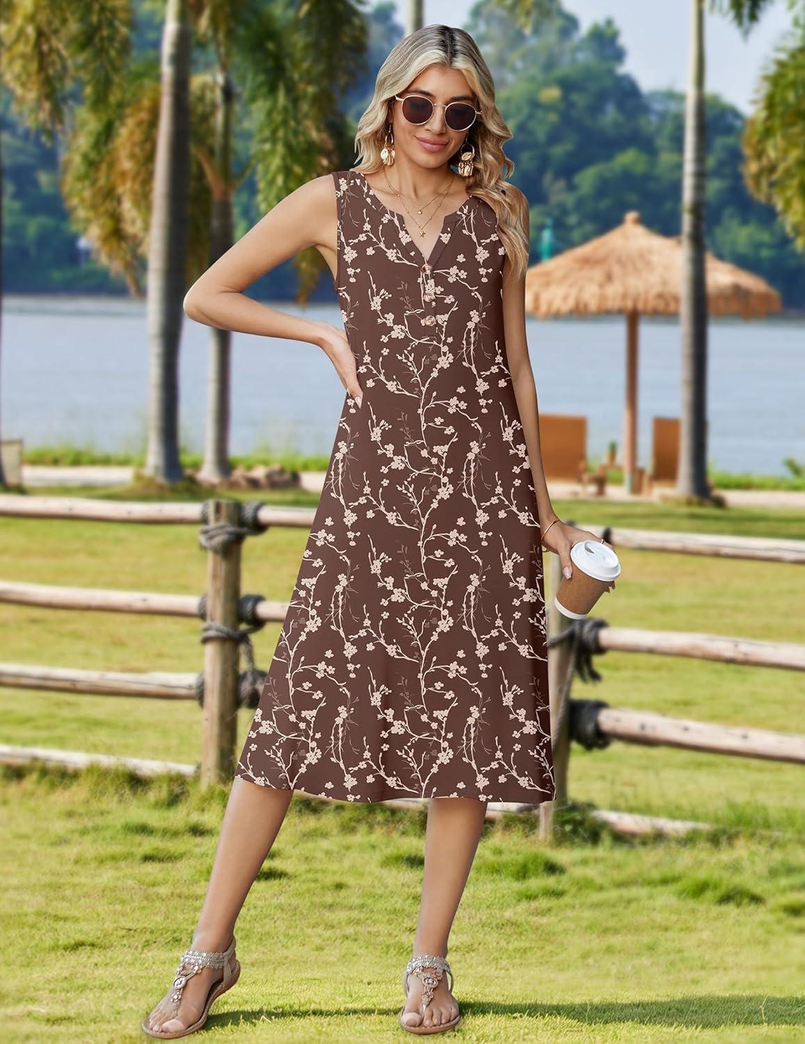 imageZeagoo Summer Dress for Women 2026 Sleeveless Tank Midi Dress Vacation Beach Sundress Aline Boho ClothingCoffee Floral