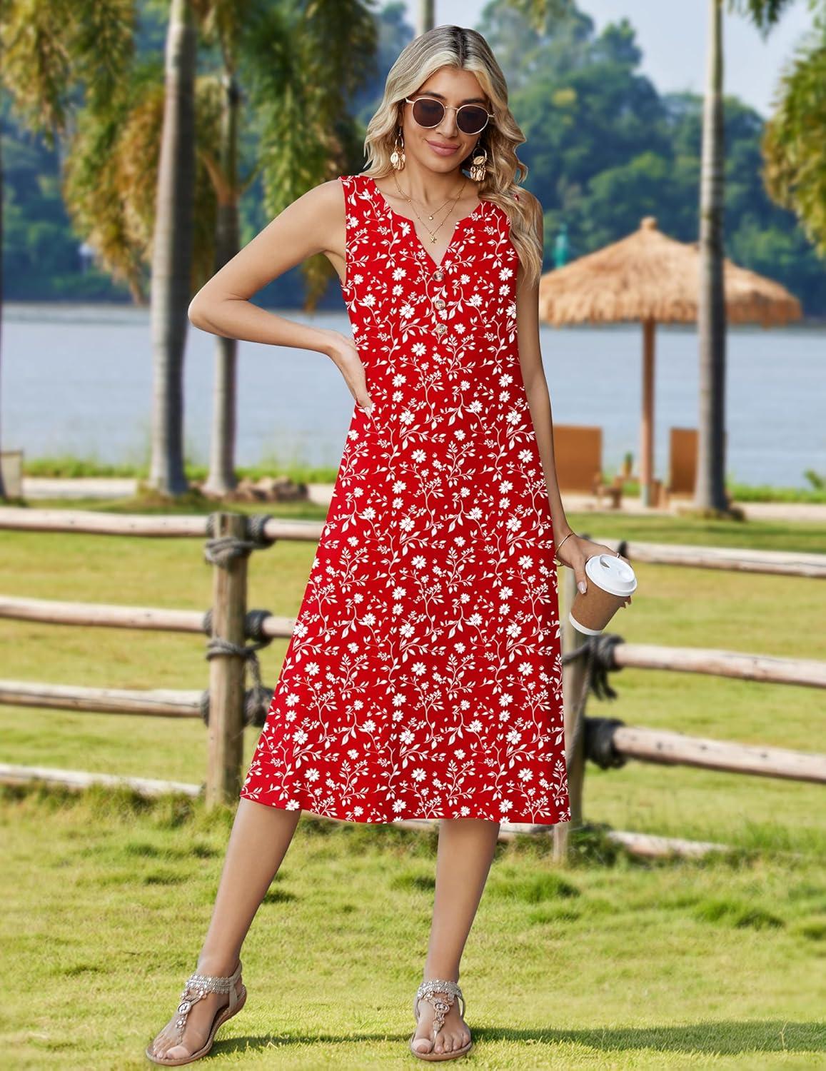 imageZeagoo Summer Dress for Women 2026 Sleeveless Tank Midi Dress Vacation Beach Sundress Aline Boho ClothingRed Floral