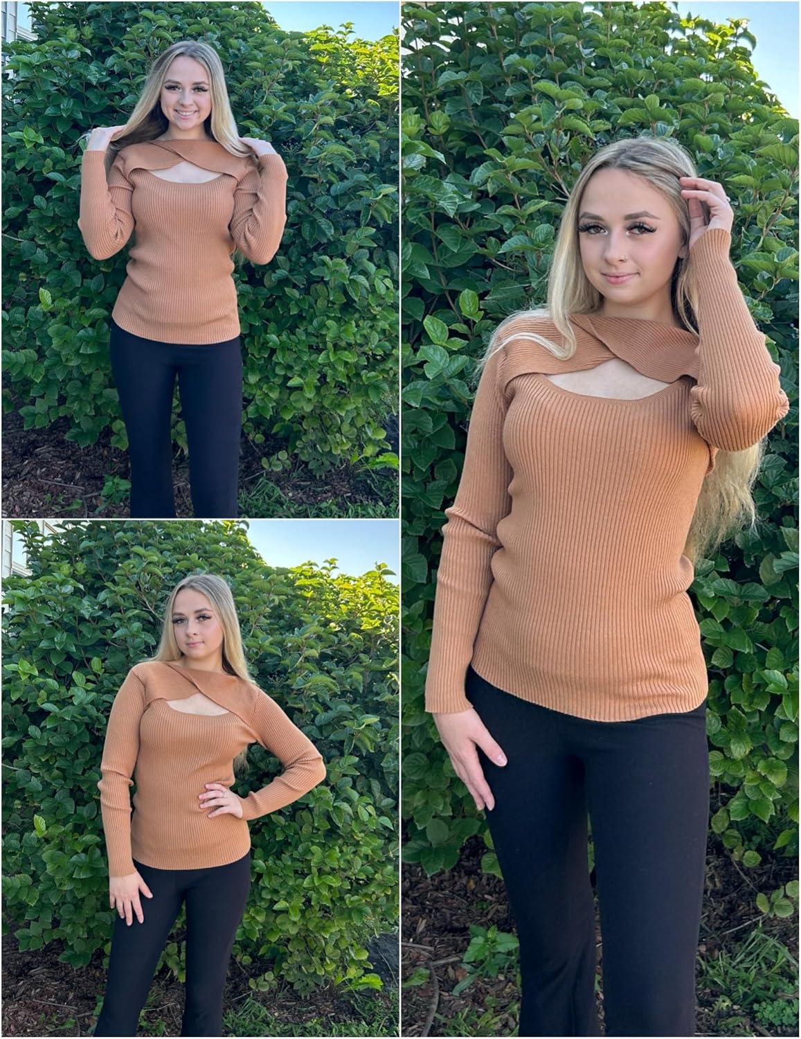 imageZeagoo Sweaters for Women 2026 Knit Trendy Long Sleeve Lightweight Slim Fit Pullover Cutout Tops SXXLCamel