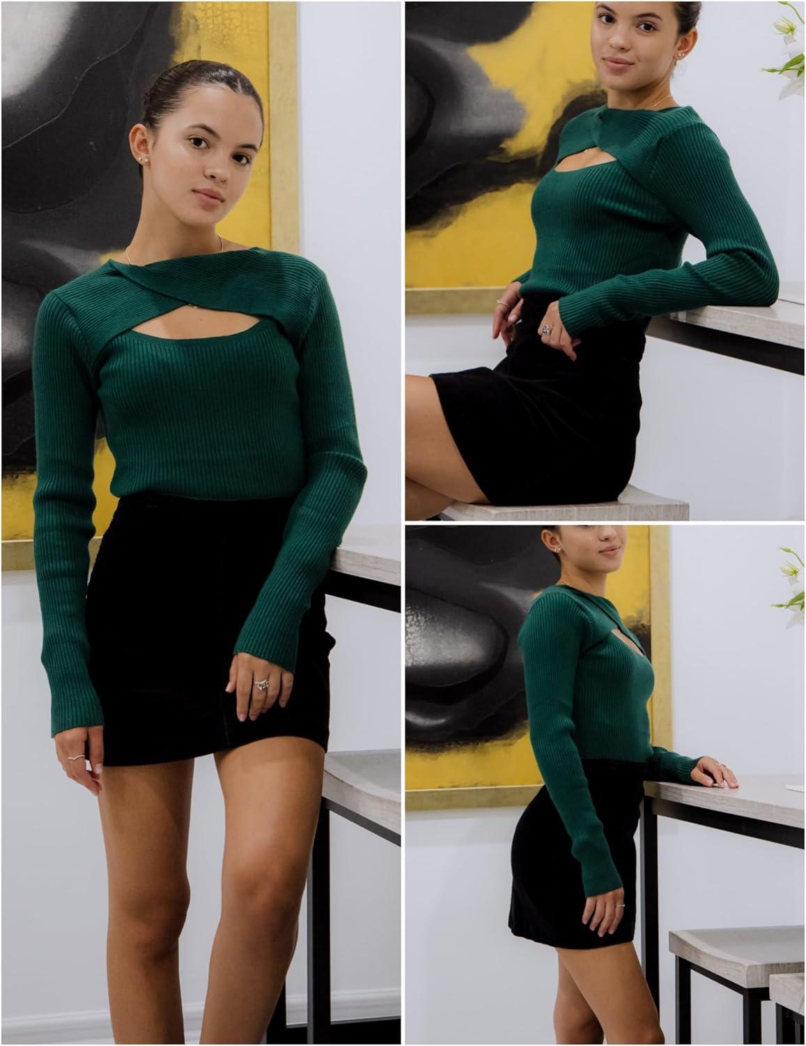 imageZeagoo Sweaters for Women 2026 Knit Trendy Long Sleeve Lightweight Slim Fit Pullover Cutout Tops SXXLDark Green
