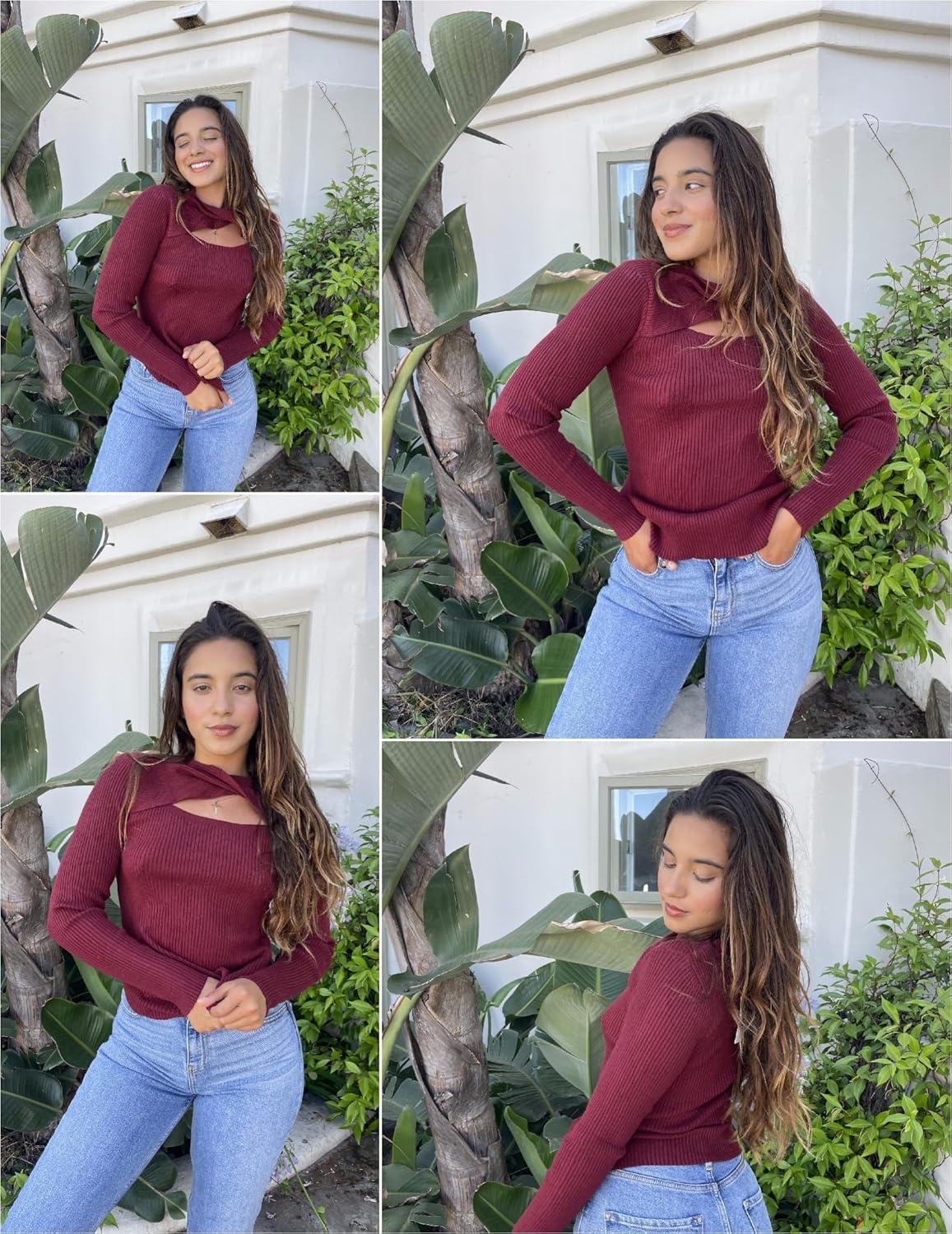 imageZeagoo Sweaters for Women 2026 Knit Trendy Long Sleeve Lightweight Slim Fit Pullover Cutout Tops SXXLDark Red