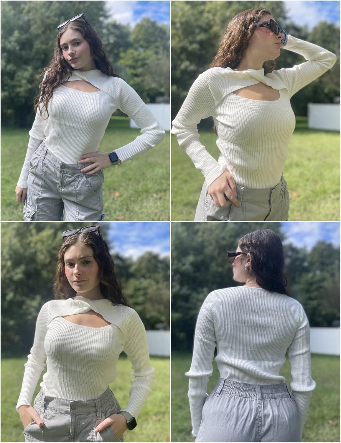imageZeagoo Sweaters for Women 2026 Knit Trendy Long Sleeve Lightweight Slim Fit Pullover Cutout Tops SXXLWhite