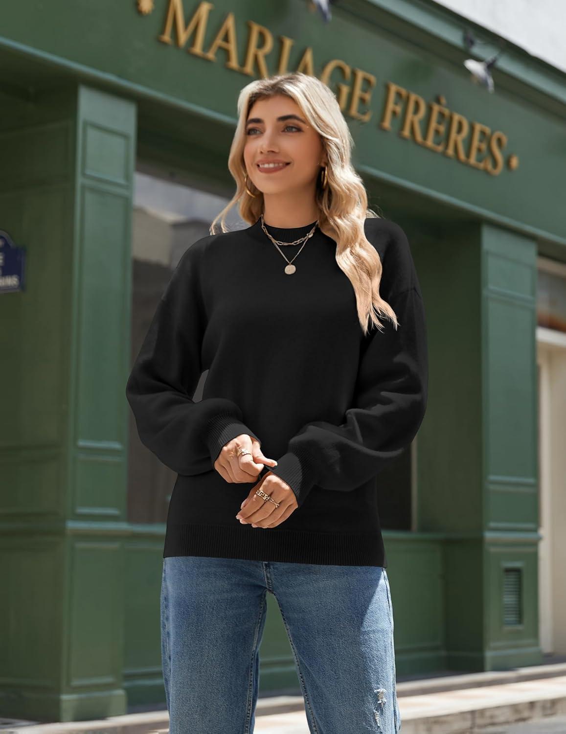imageZeagoo Sweaters for Women Fall Fashion 2025 Trendy Long Sleeve Turtleneck Pullover Lantern Knit Sweater TopsBlack